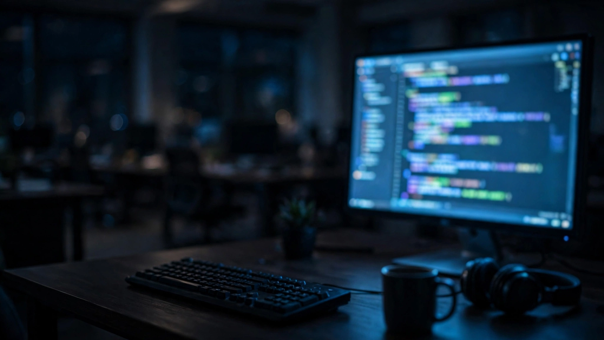 A developer's desk at night with a glowing monitor, keyboard, headphones and a mug, the office dark behind it