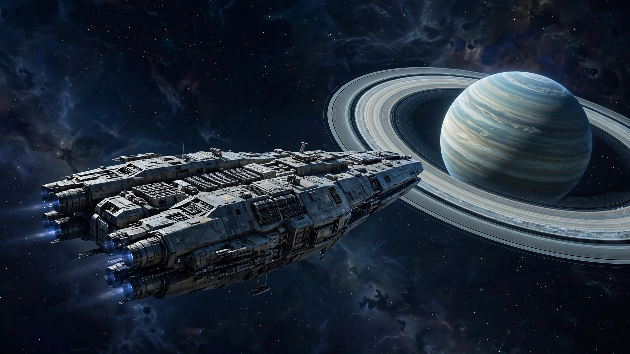 An illustration of a large spaceship flying toward a ringed planet