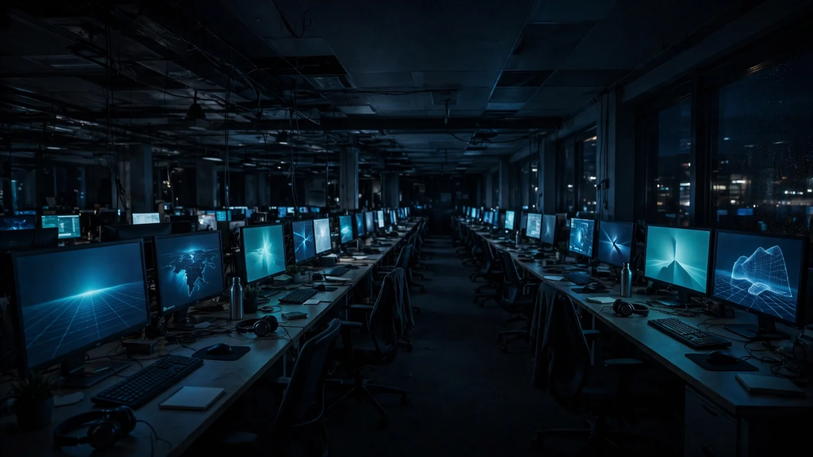 A dark game development studio office at night, with rows of glowing monitors on long desks and empty chairs
