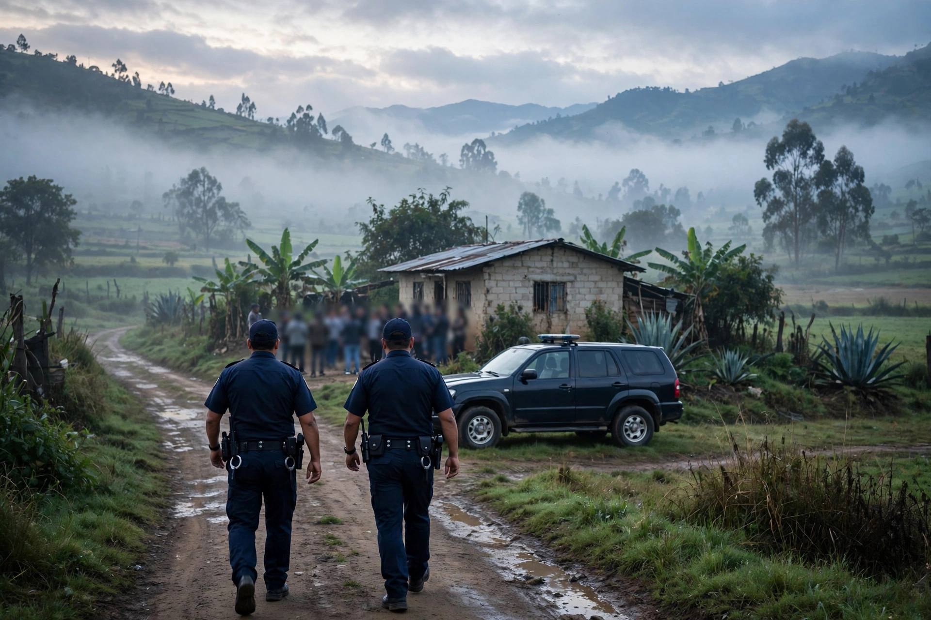 Two police officers in dark uniforms walking toward a rural house at dawn with a police vehicle parked nearby