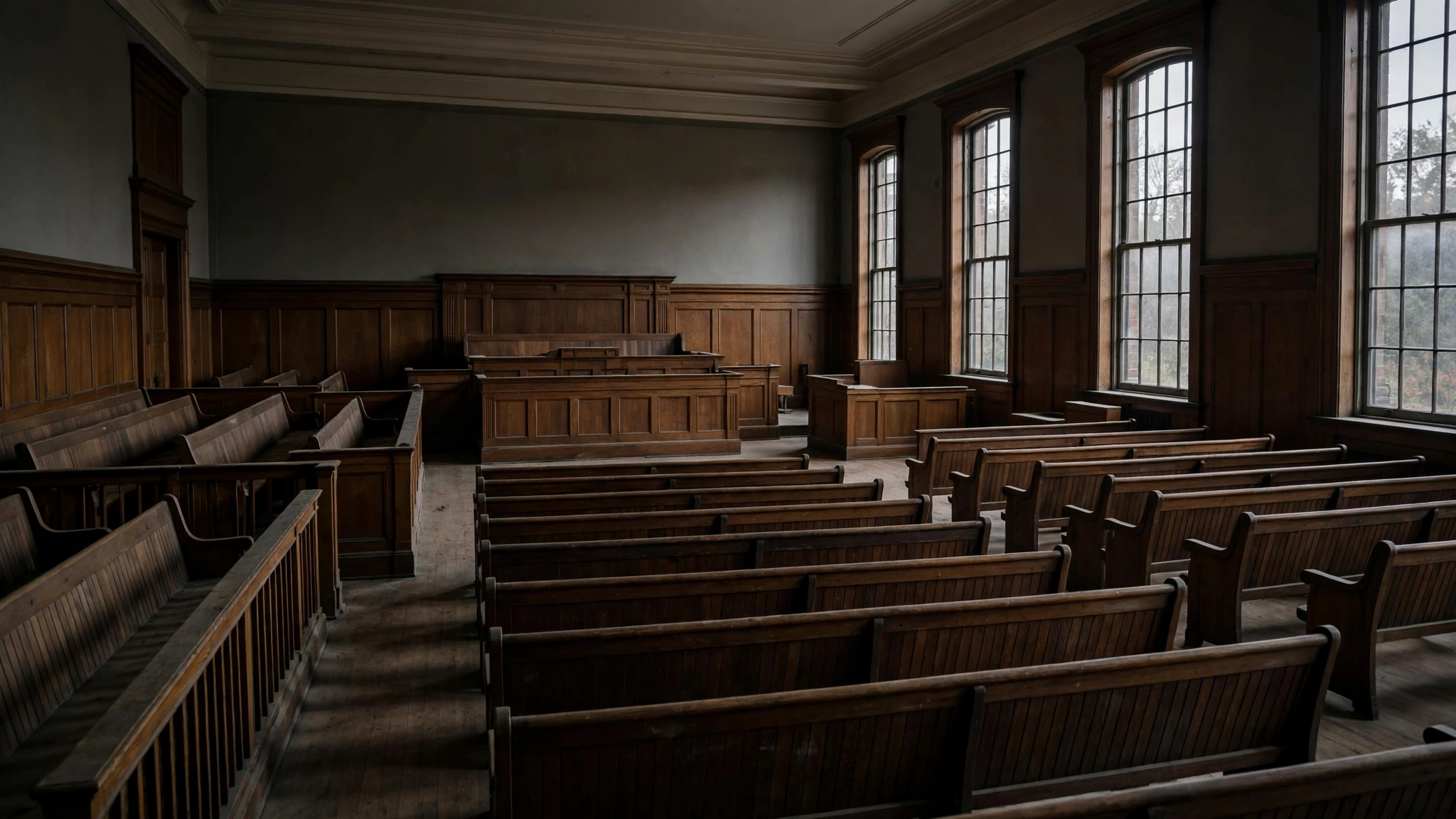 An empty courtroom with wooden benches and a judge's bench lit by tall windows