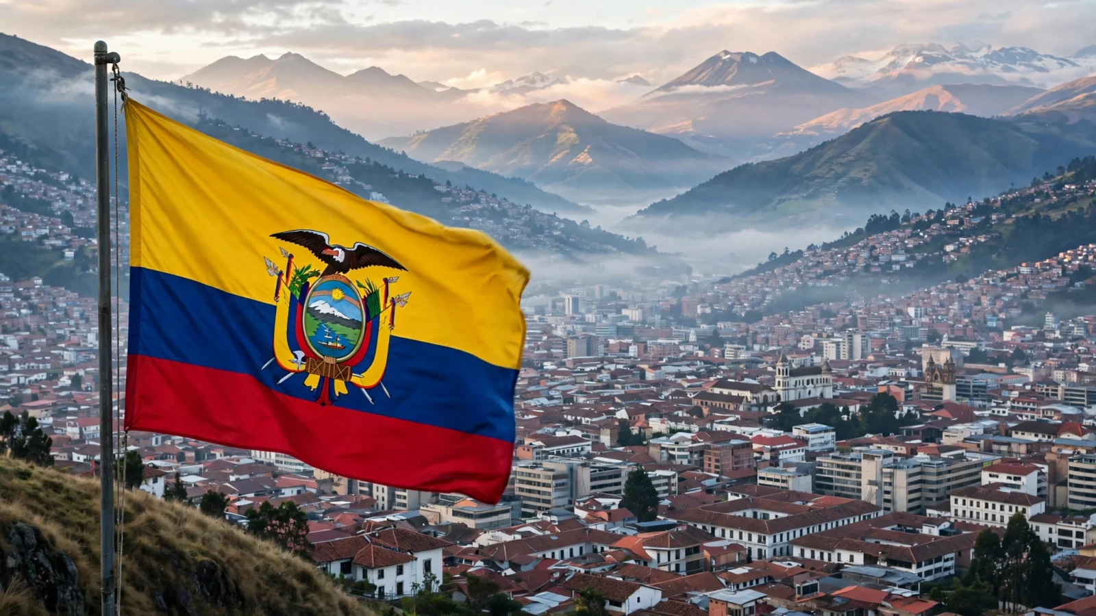 The flag of Ecuador flying on a flagpole with the city of Quito and mountains behind it
