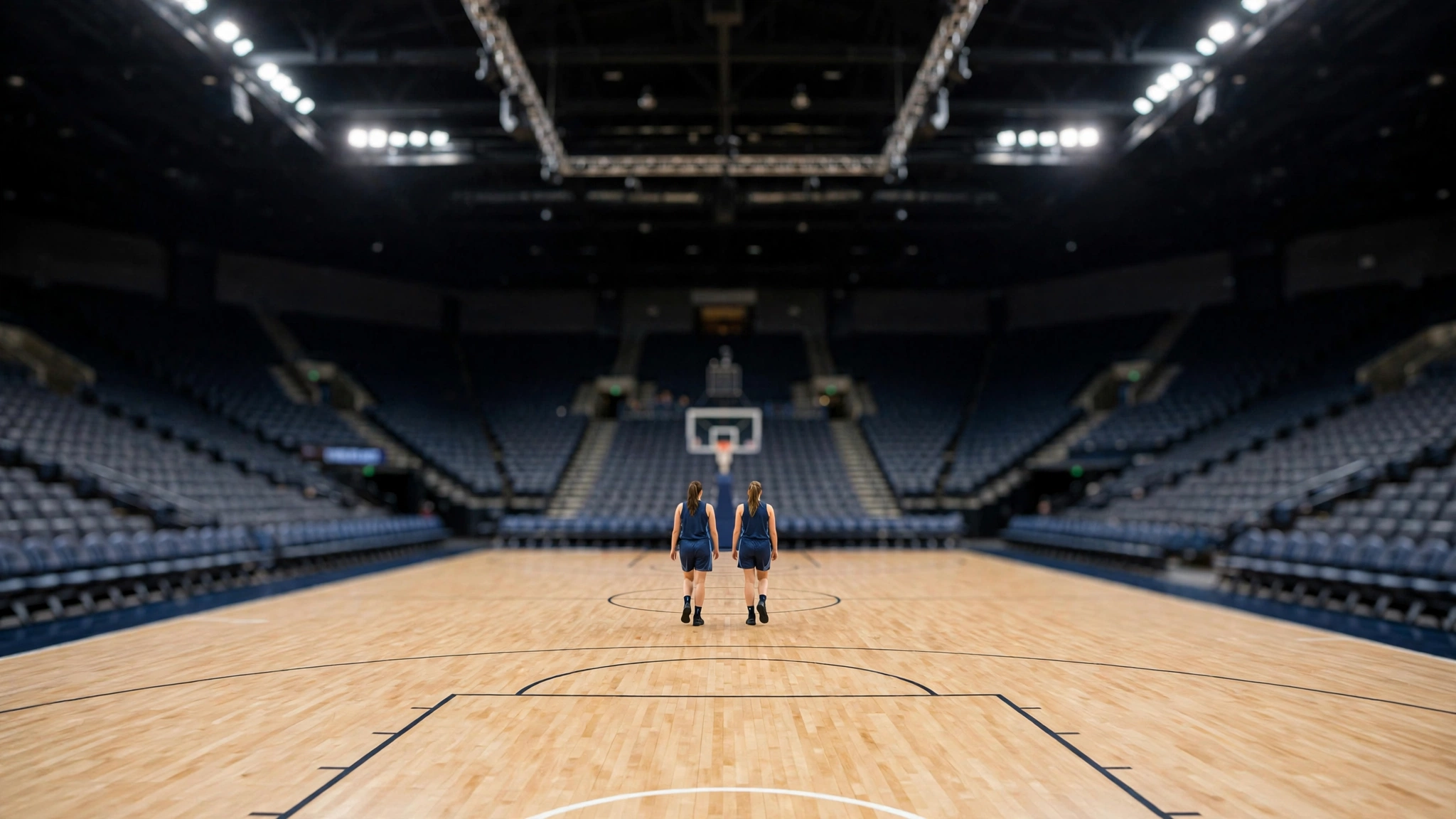 Two basketball players in blue uniforms seen from behind on an arena court