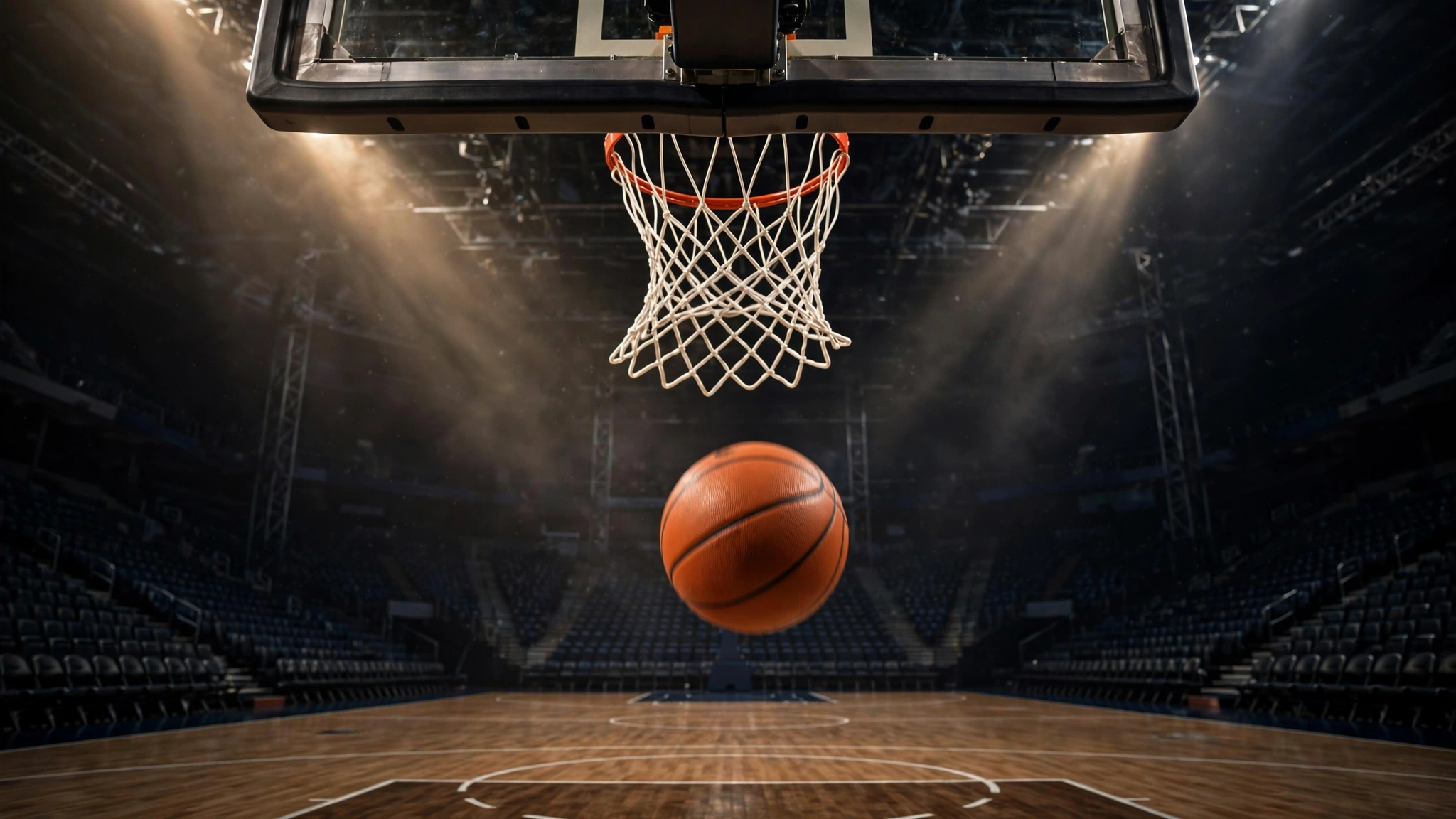 A basketball dropping through a net on a professional arena court