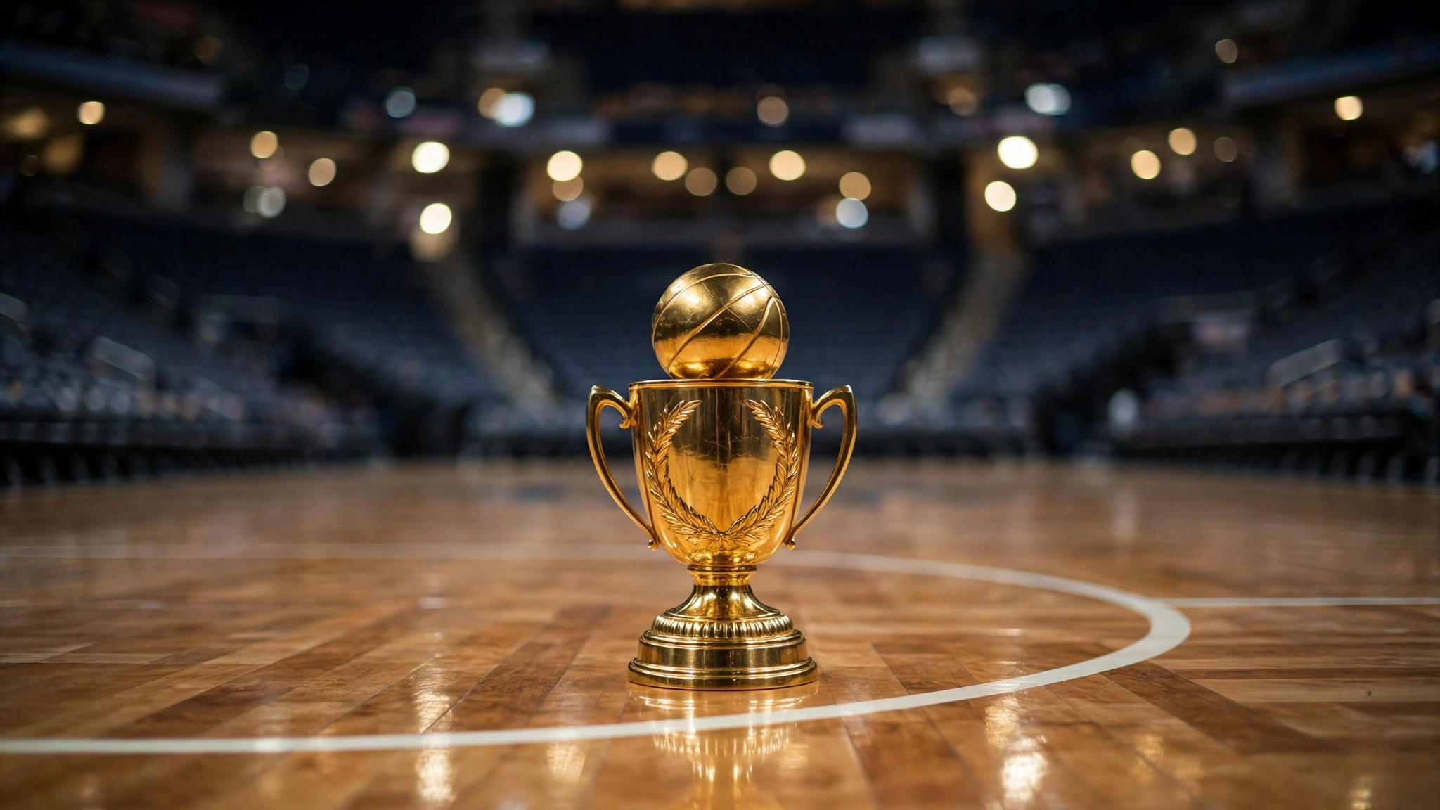 A gold championship trophy topped with a basketball sitting on a polished court