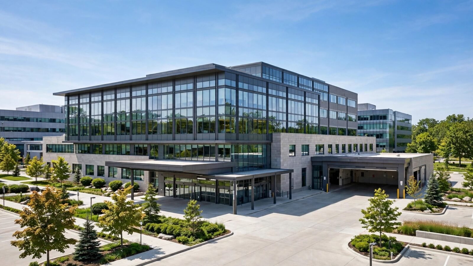 A modern hospital building with a glass facade seen from the street