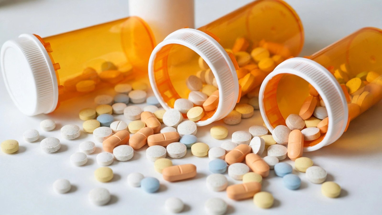 Orange prescription pill bottles tipped over with pills spilling out