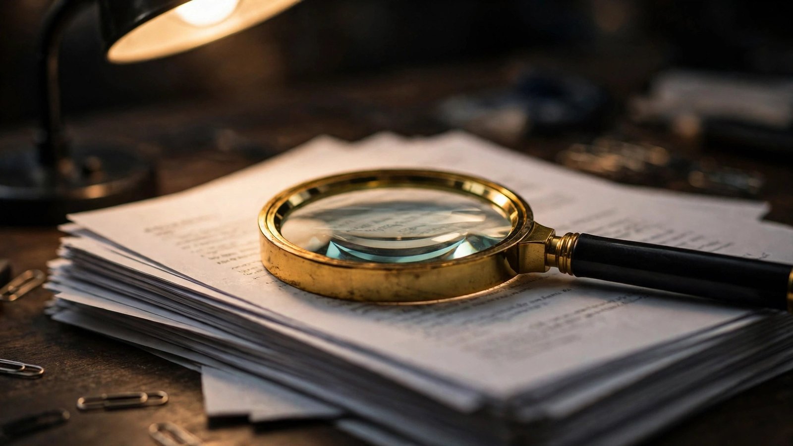 A magnifying glass resting on a stack of printed billing documents