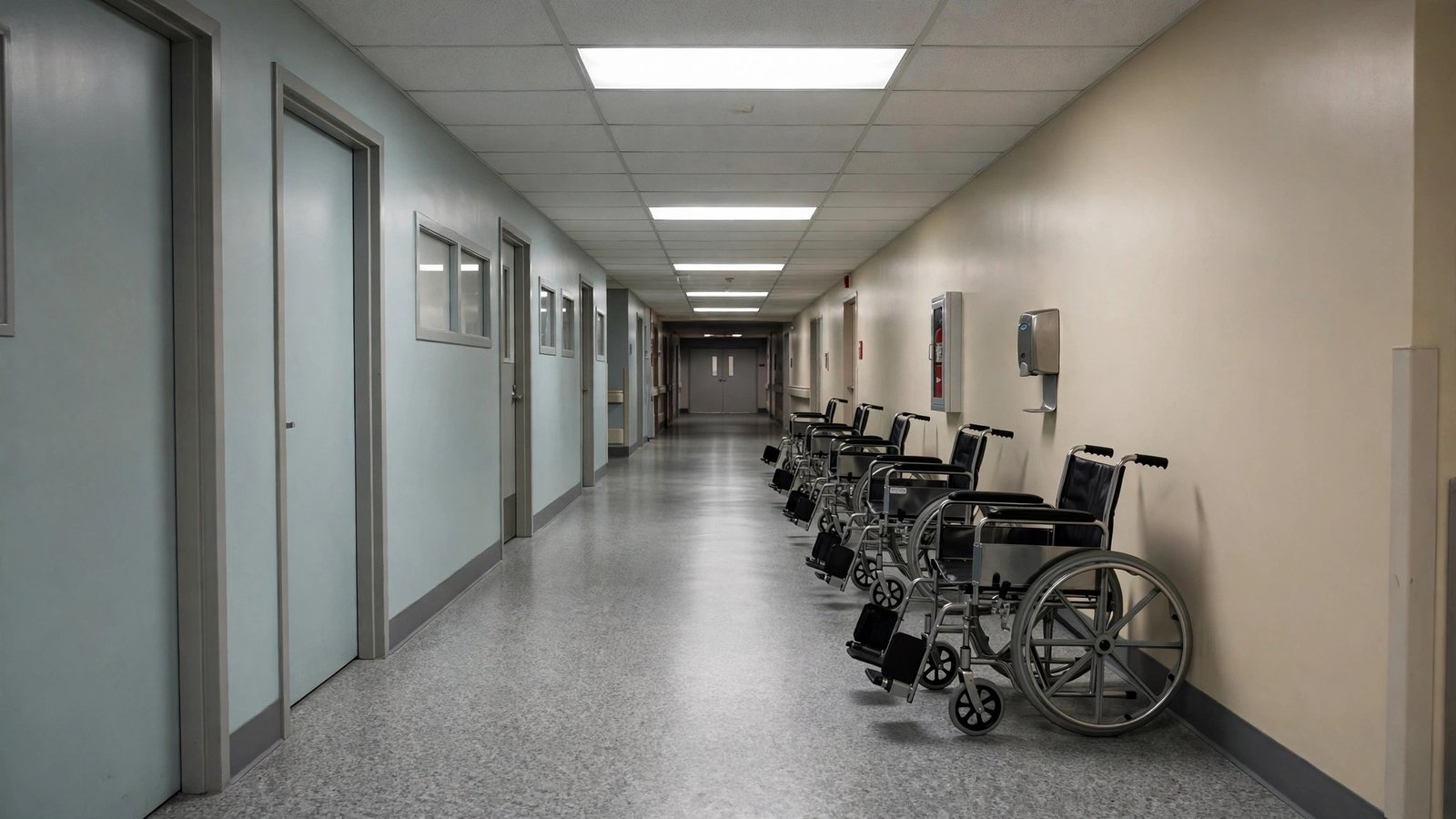An empty hospital corridor with wheelchairs lined against the wall