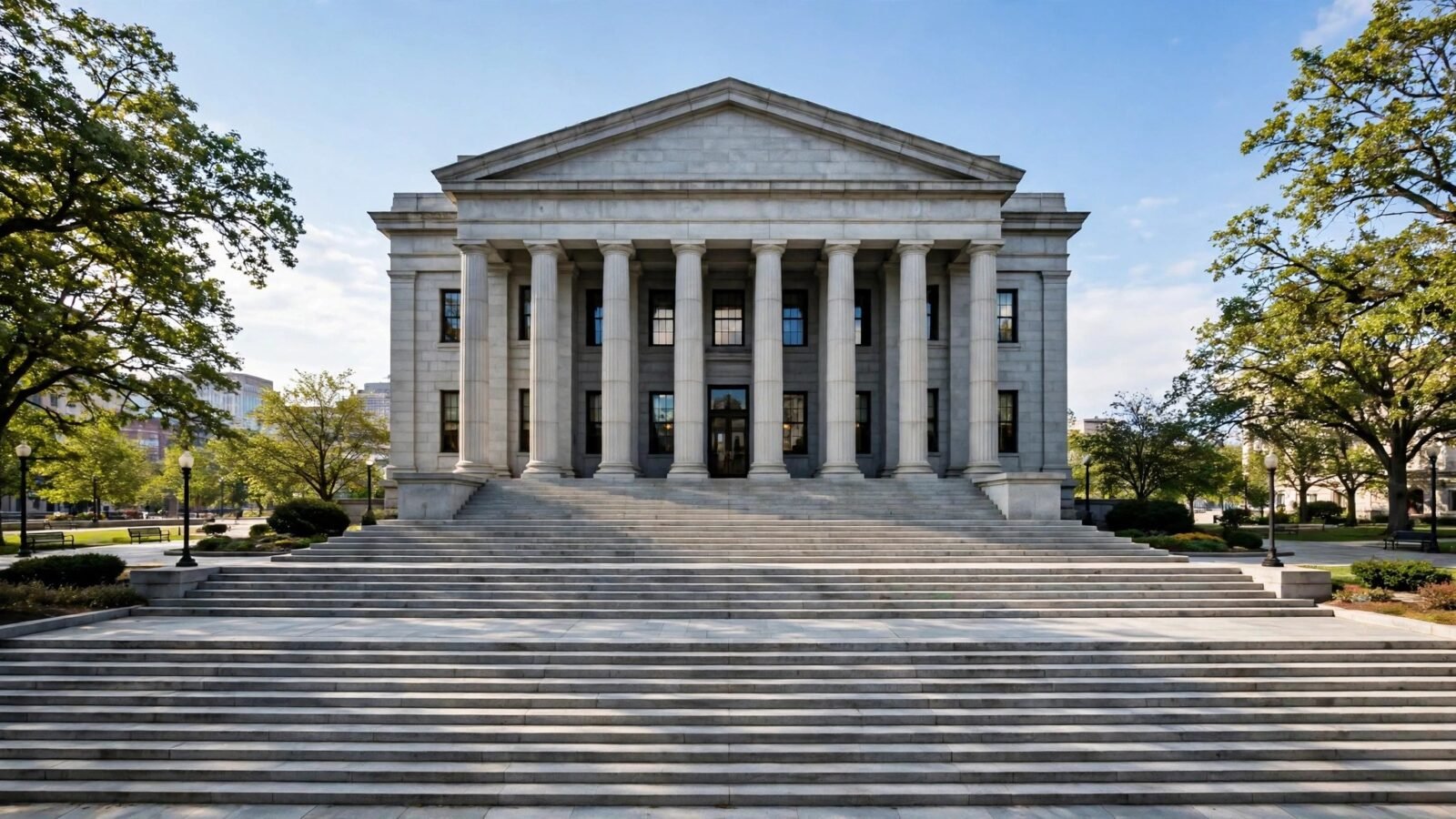 A neoclassical federal courthouse with stone columns and wide front steps under a clear sky