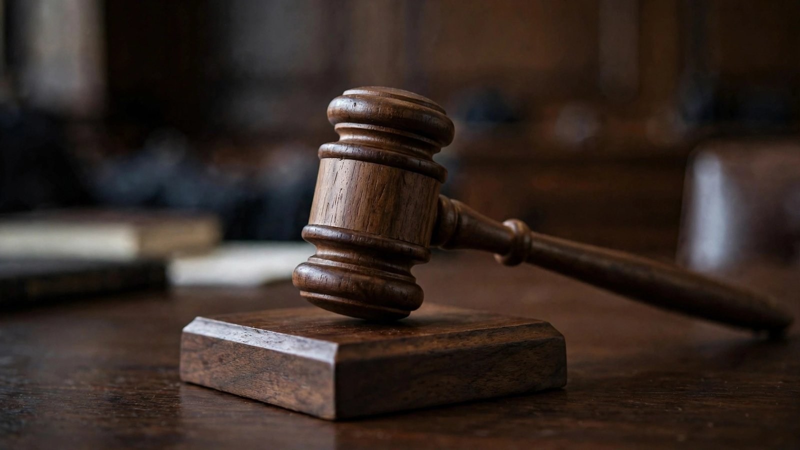 A wooden judge's gavel resting on a sound block in a courtroom