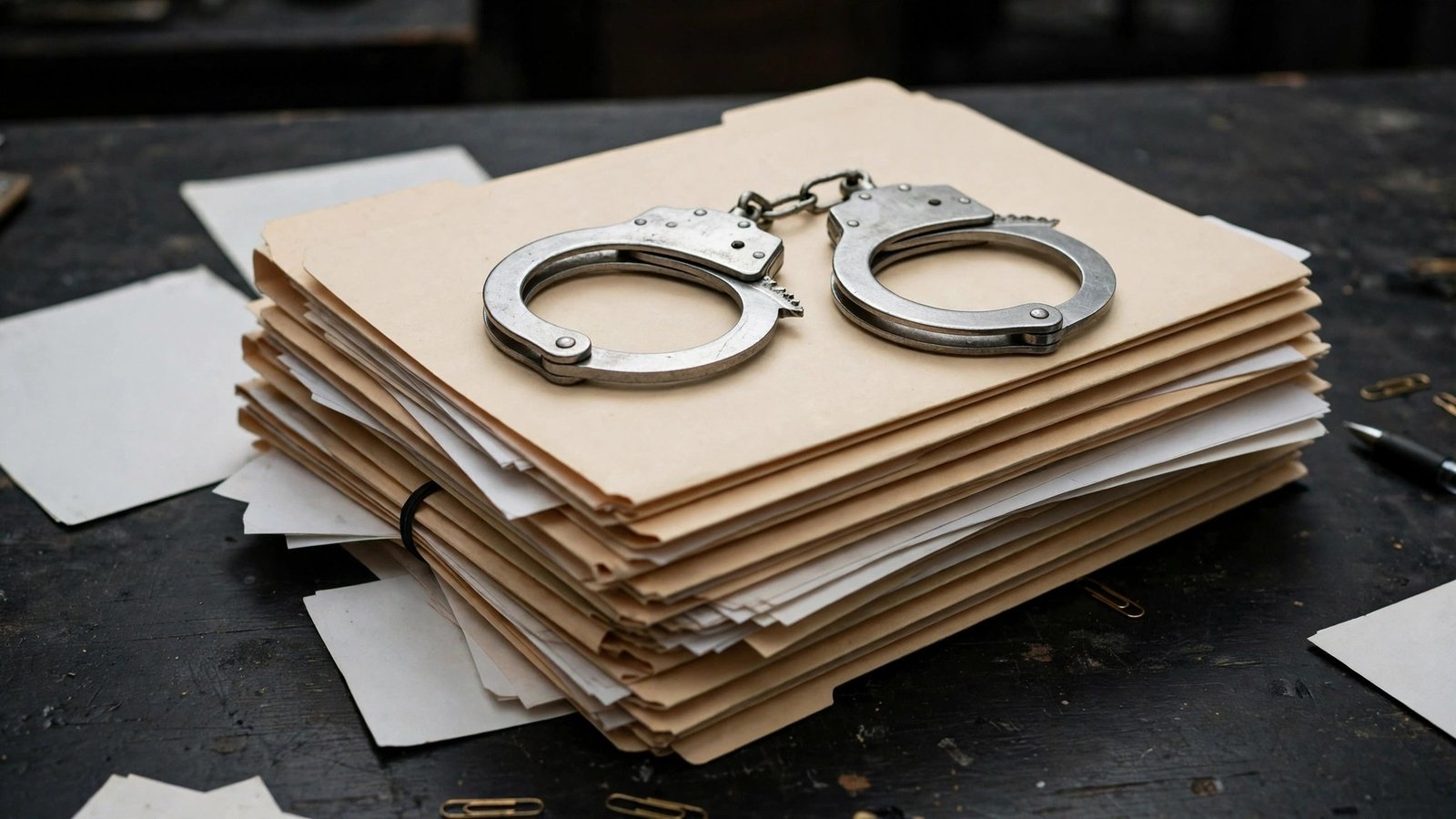Metal handcuffs resting on a stack of manila legal folders
