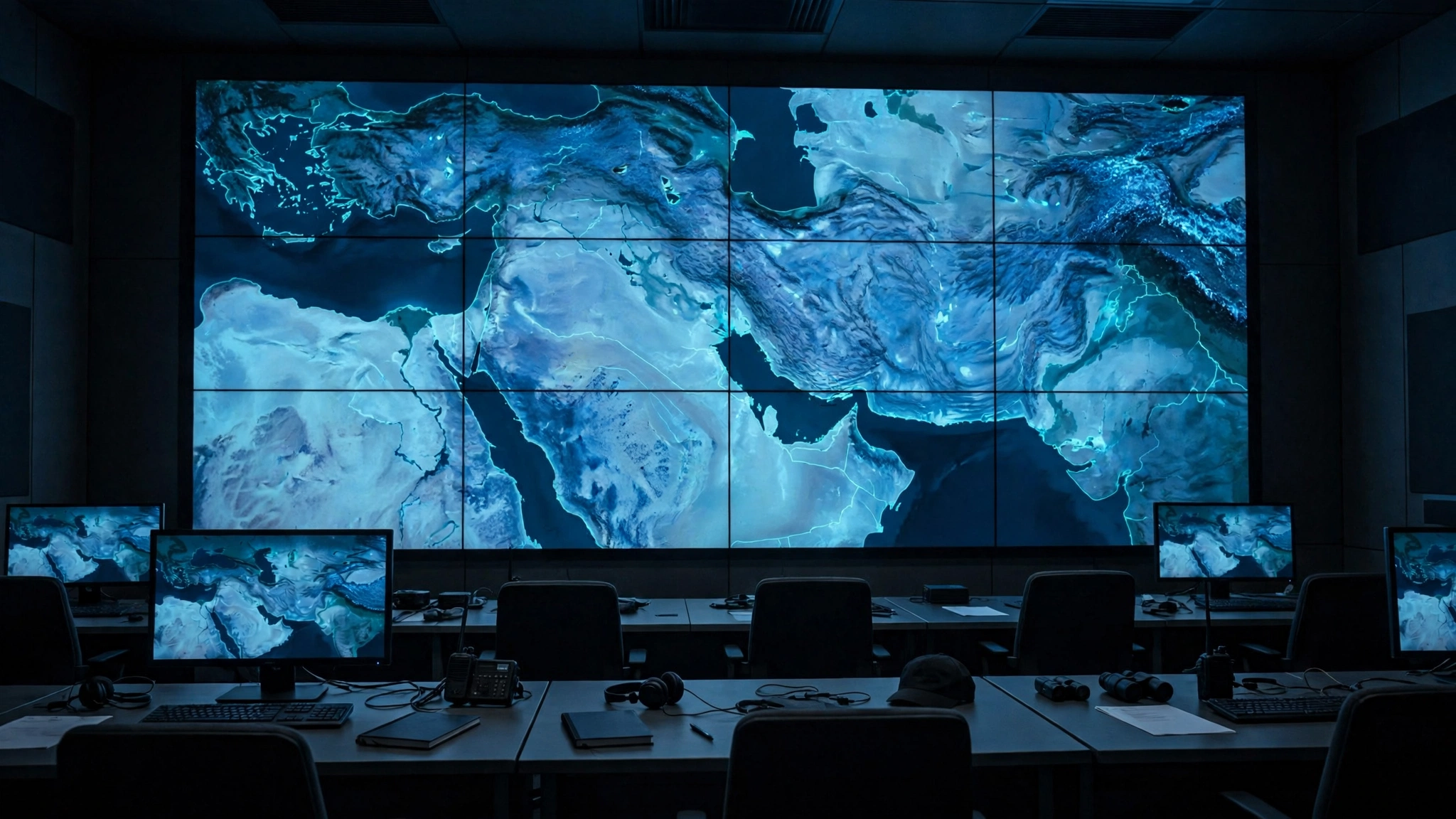 Empty military command room with a large illuminated wall map and computer screens
