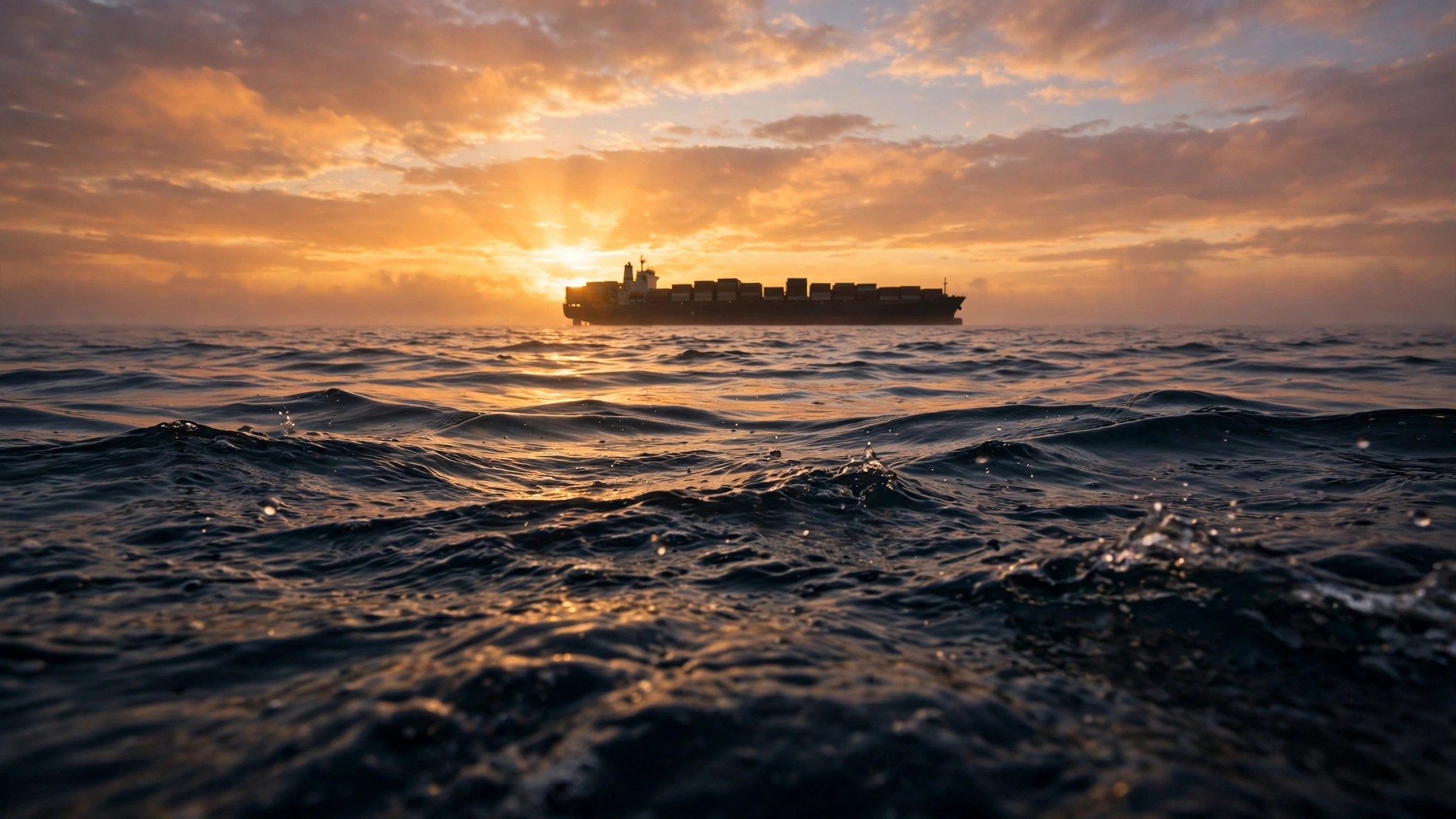 Silhouette of a large cargo ship on the open sea at sunrise