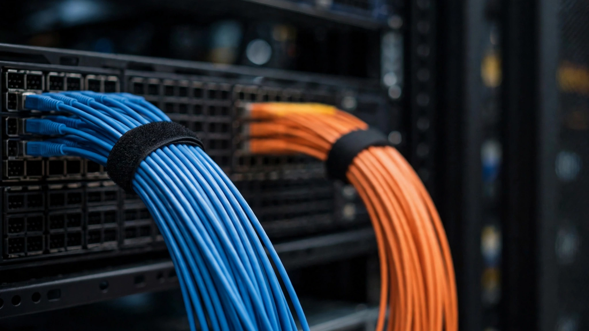 Bundles of blue and orange fiber optic network cables connected to a server