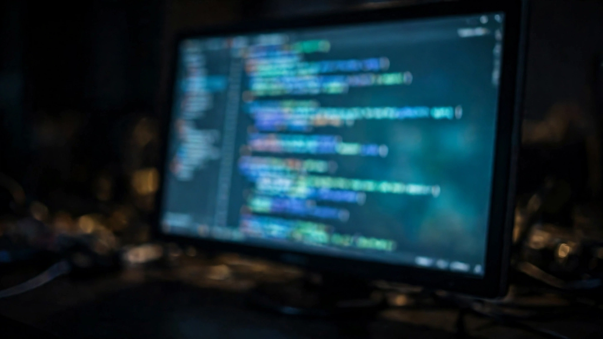 Computer monitor showing out-of-focus lines of programming code in a dark room