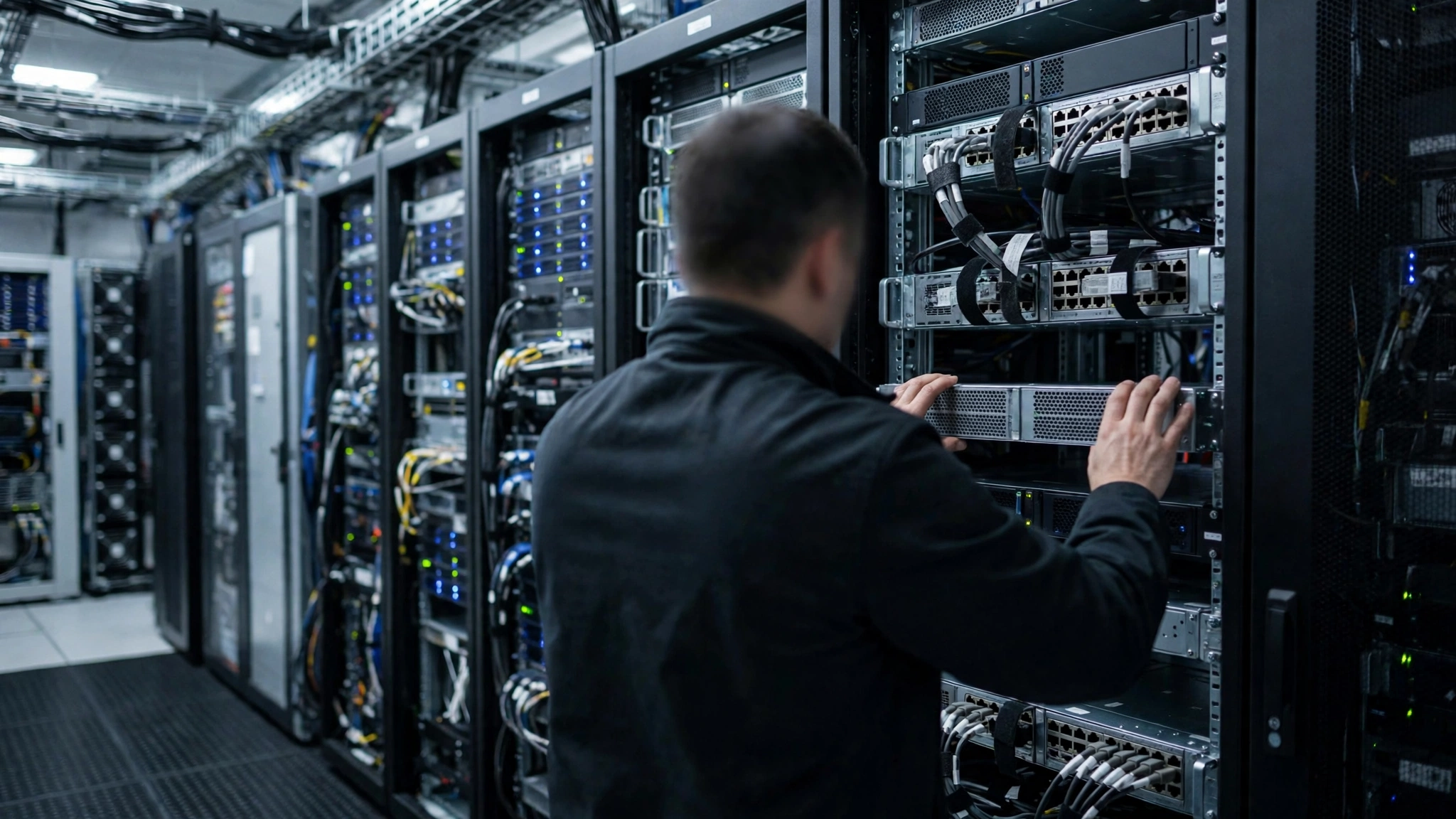 A technician seen from behind installing a server unit into a data center rack