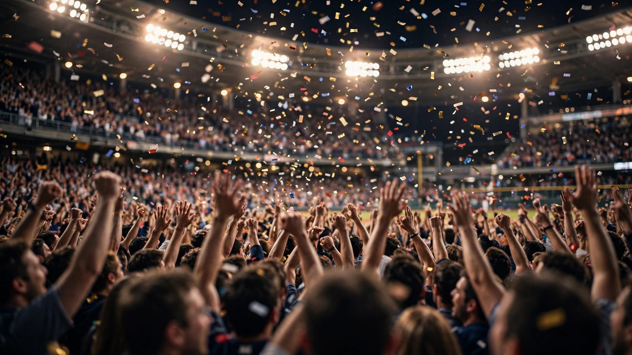 A large stadium crowd with raised hands cheers under bright lights as confetti falls.