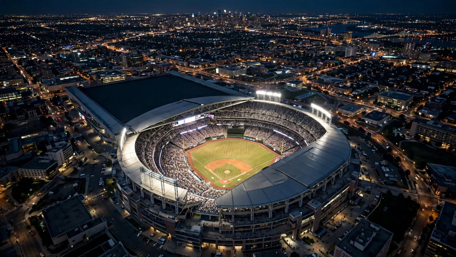 Aerial night view of a packed baseball stadium with its retractable roof partially open and the city lights beyond.