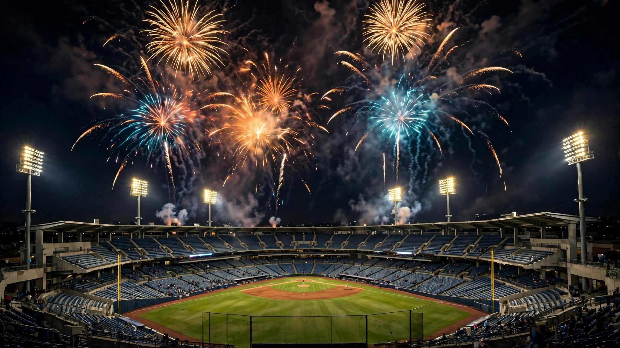 Fireworks explode above a baseball stadium at night.