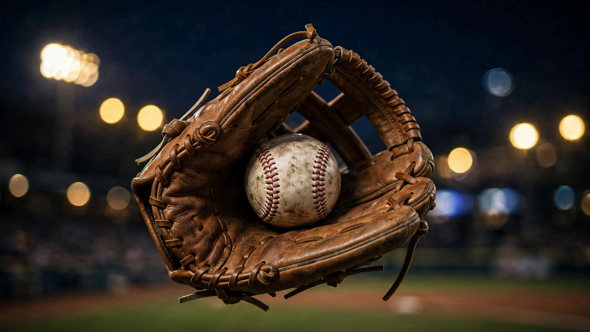 Close-up of a worn leather baseball glove holding a baseball, with blurred stadium lights behind it.