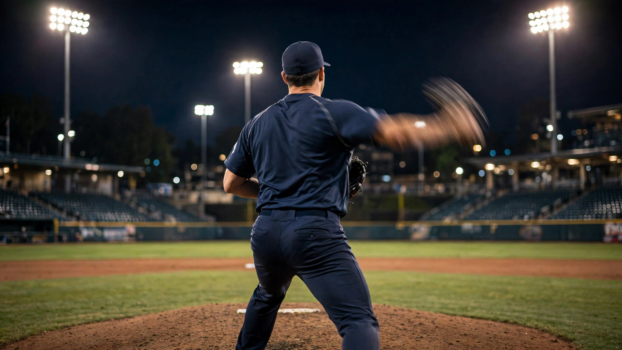 A baseball pitcher in a plain dark uniform delivers a pitch from the mound at night under stadium floodlights.
