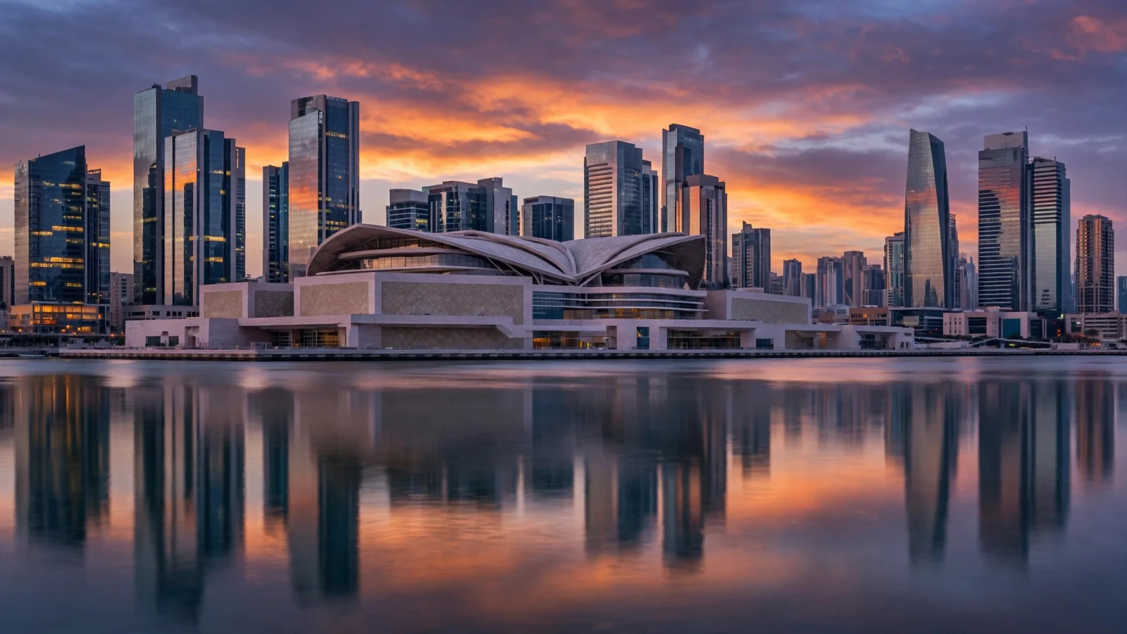 Modern skyscrapers reflected in calm water at dusk in a Gulf city