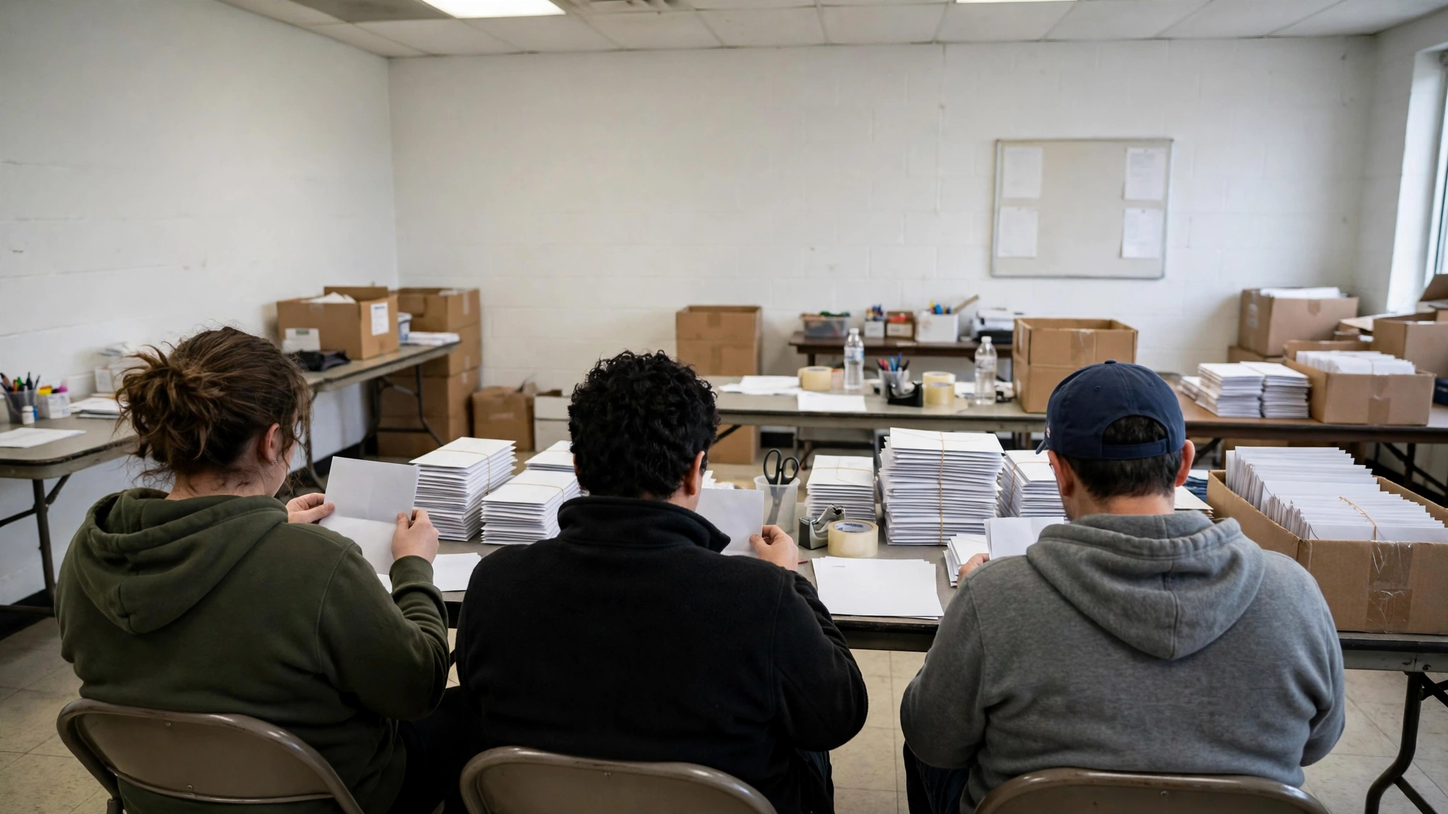 Campaign volunteers seen from behind sorting flyers and envelopes at folding tables in a campaign office