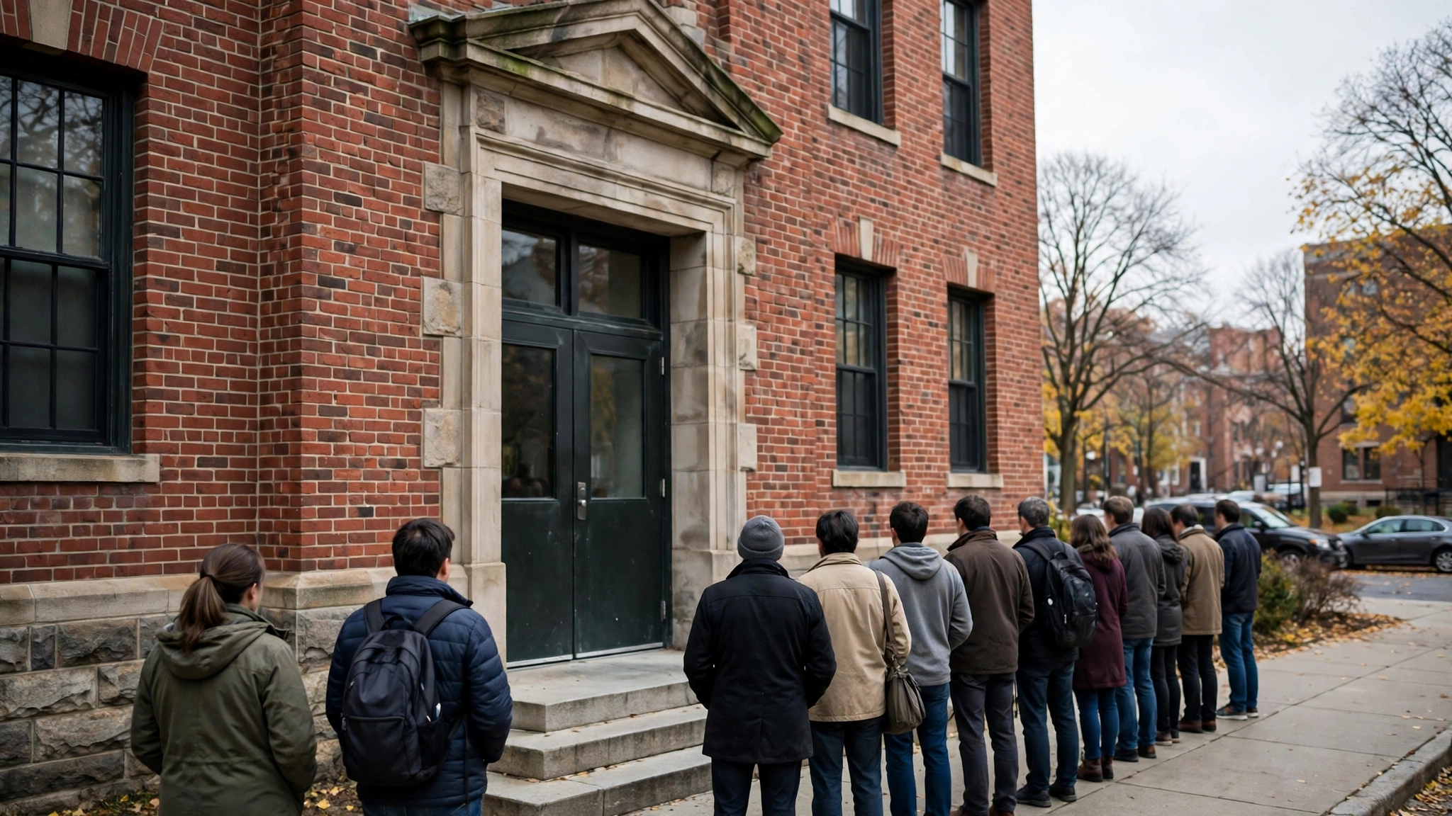 Voters lined up with their backs to the camera outside a brick polling place
