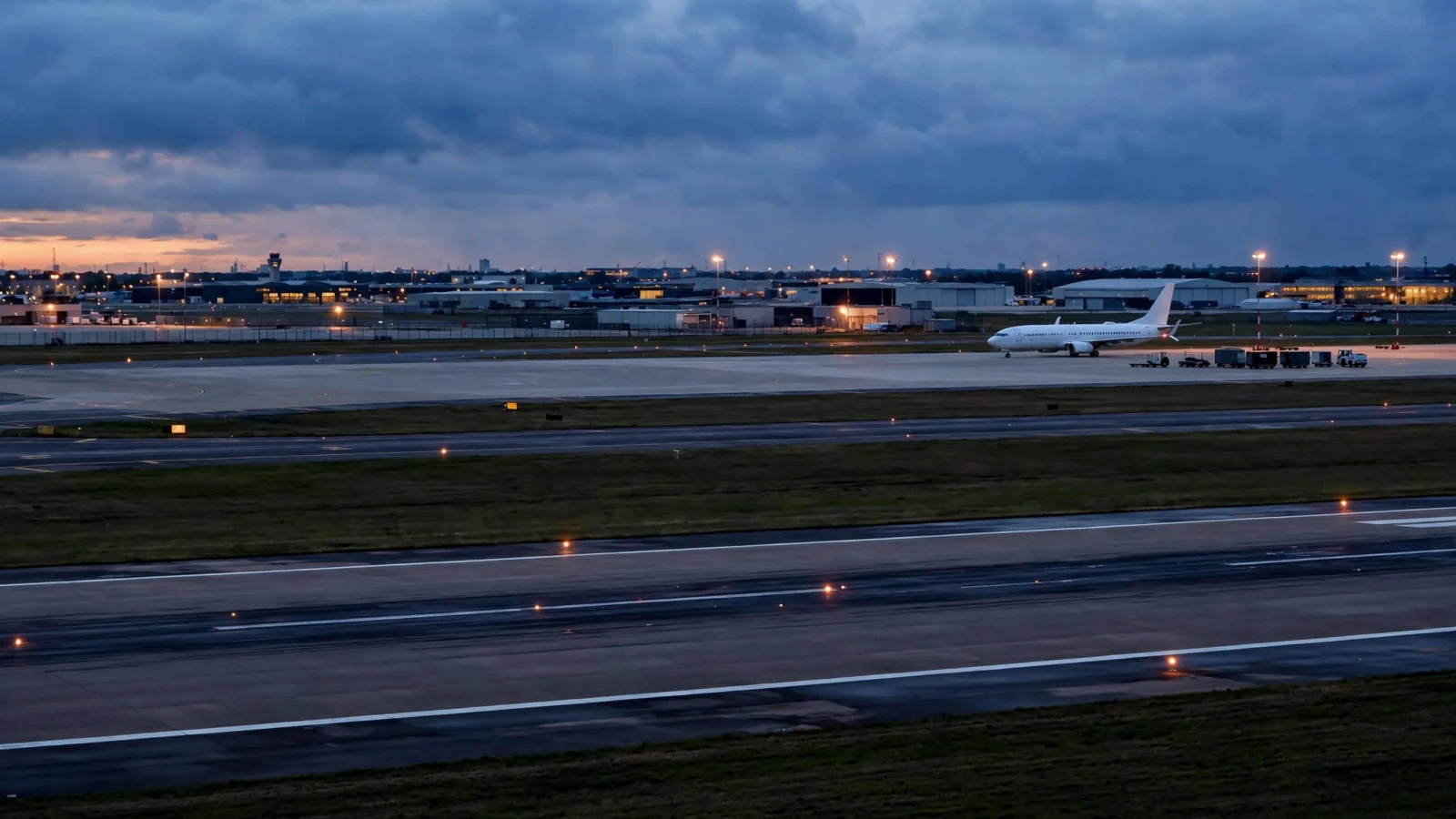 A commercial passenger airliner parked on an airport tarmac at dusk.