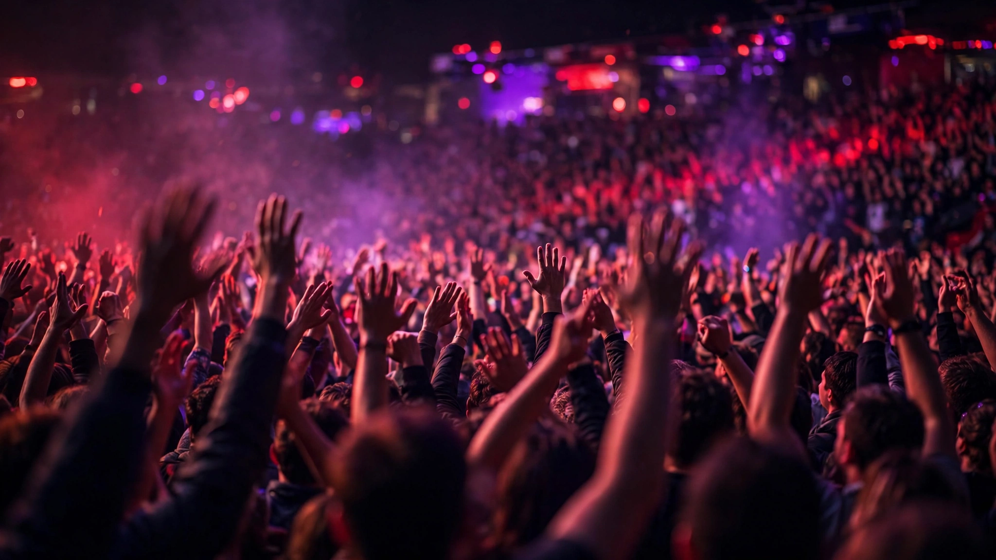 A wrestling arena crowd with hands raised under red and purple stage lighting