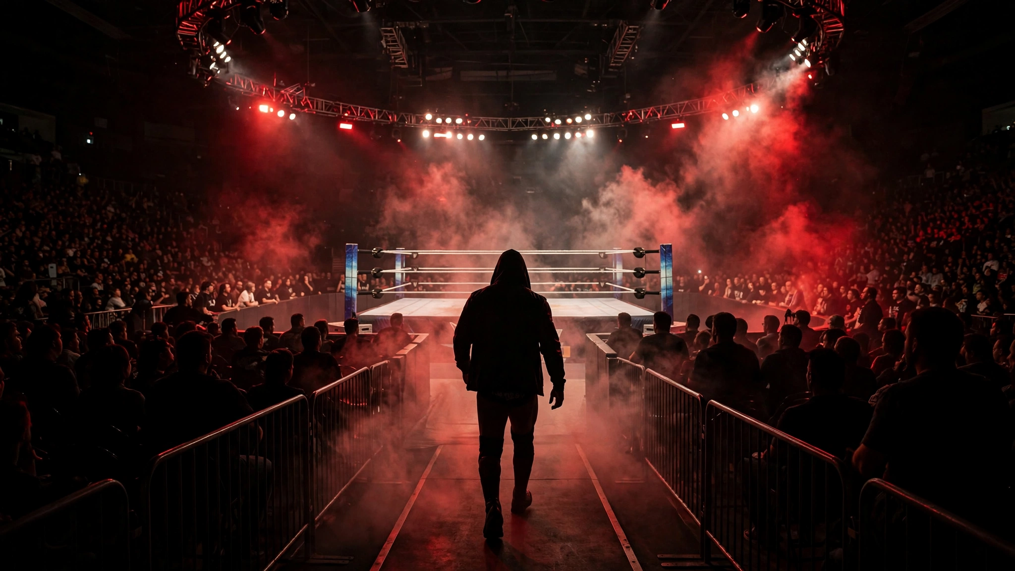 The dark silhouette of a wrestler walking down an entrance ramp toward a lit ring amid red stage lights