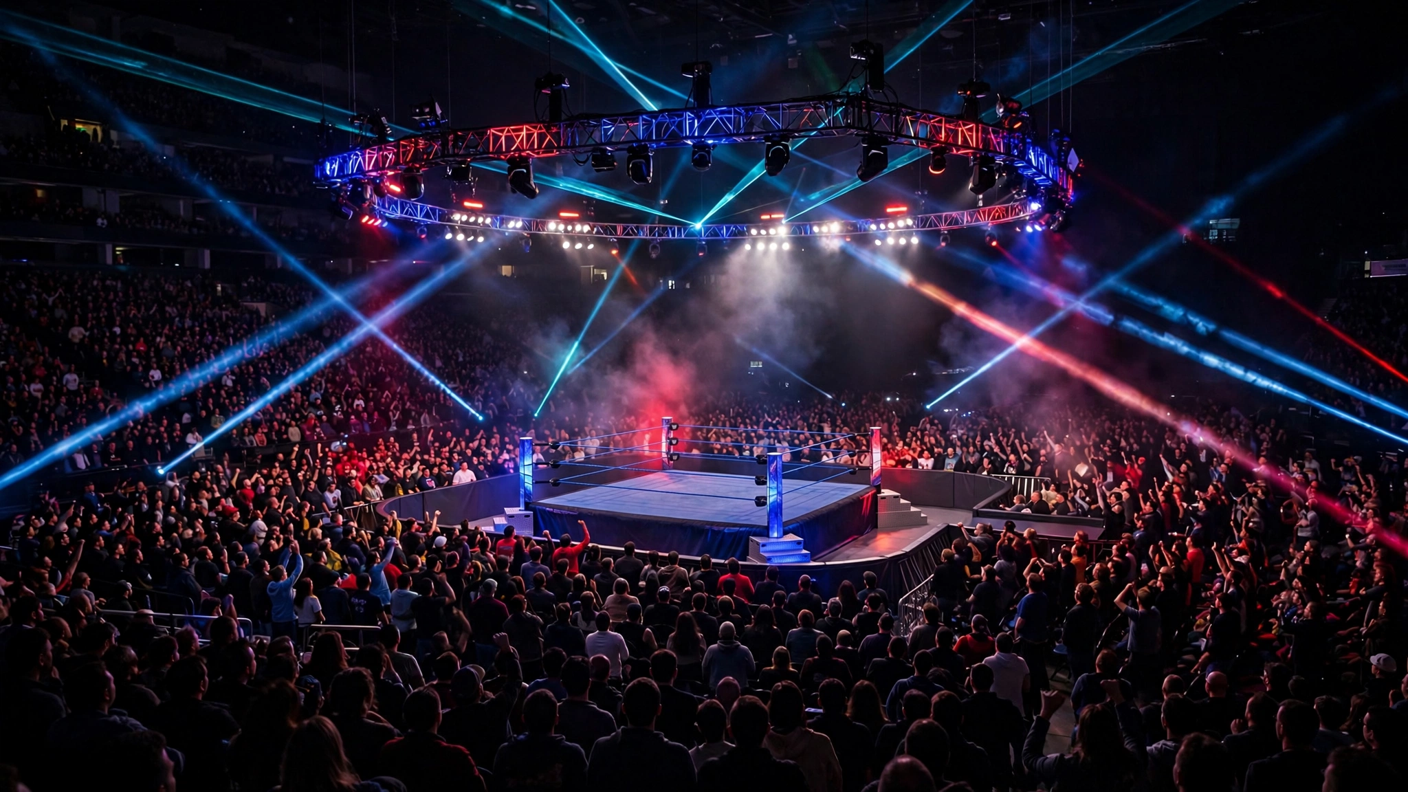 A brightly lit professional wrestling ring in a packed arena under colorful stage lights