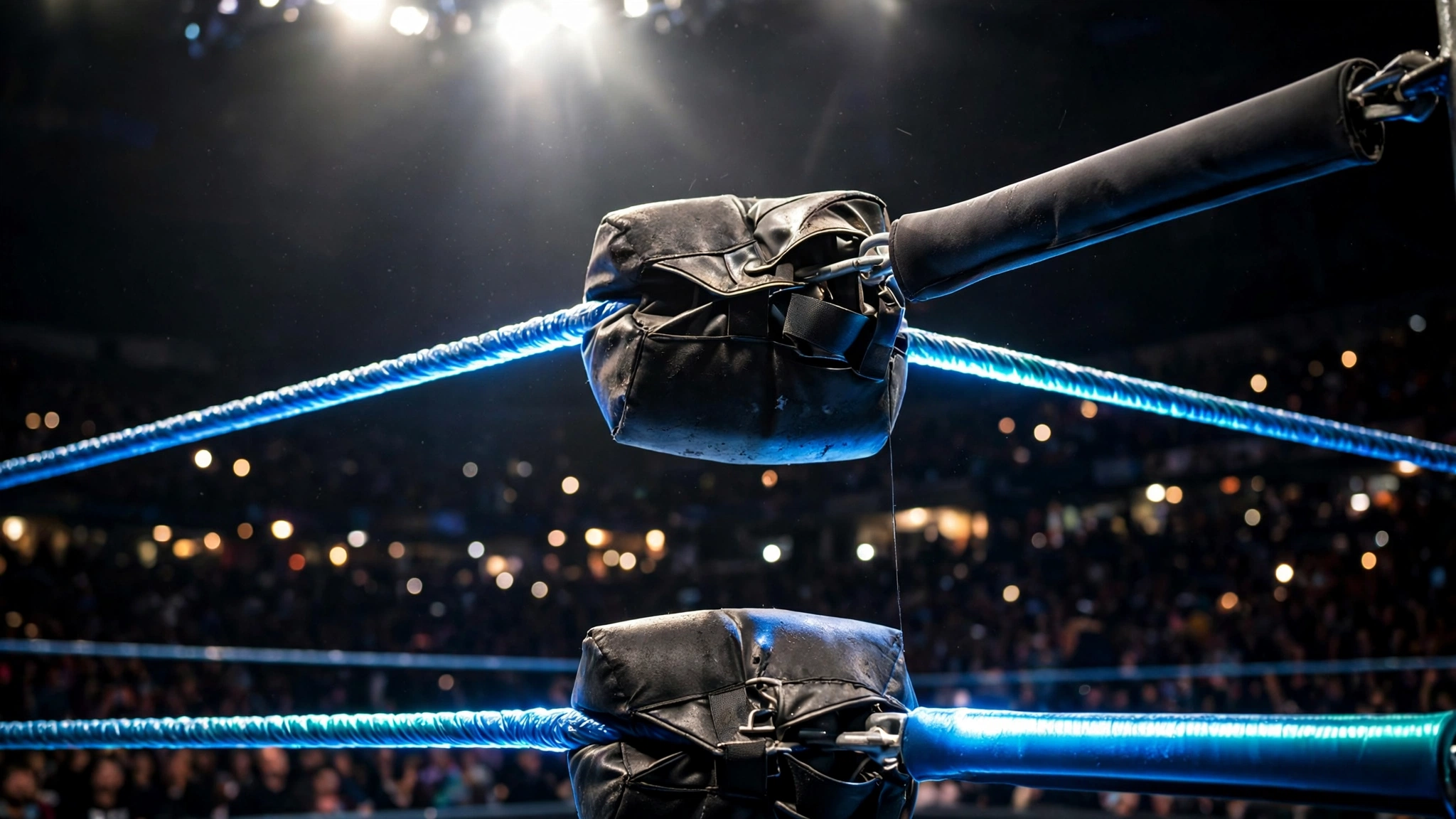 The corner of a professional wrestling ring with blue ropes and black turnbuckle pads under arena spotlights