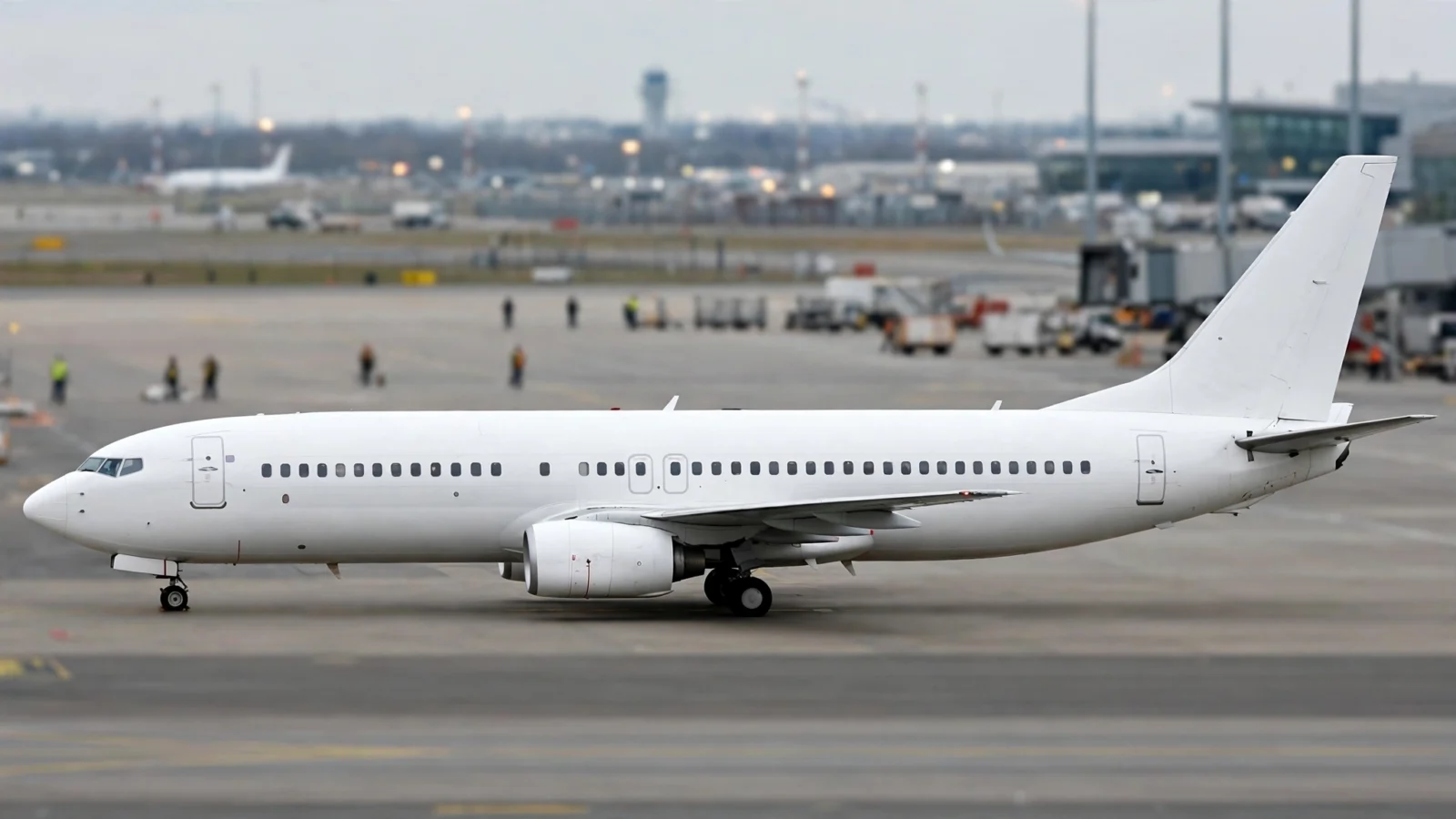 A white commercial passenger airplane without airline markings parked on an airport tarmac.