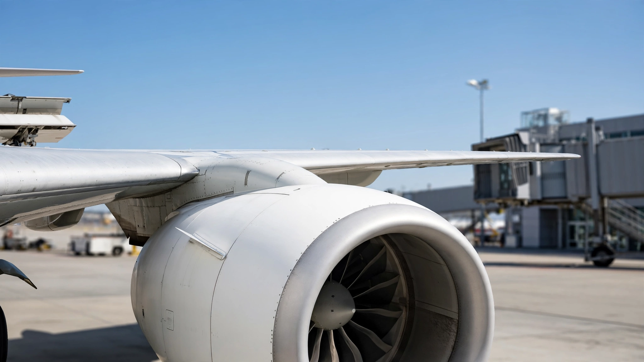 Close view of a commercial airplane wing and engine at an airport gate.