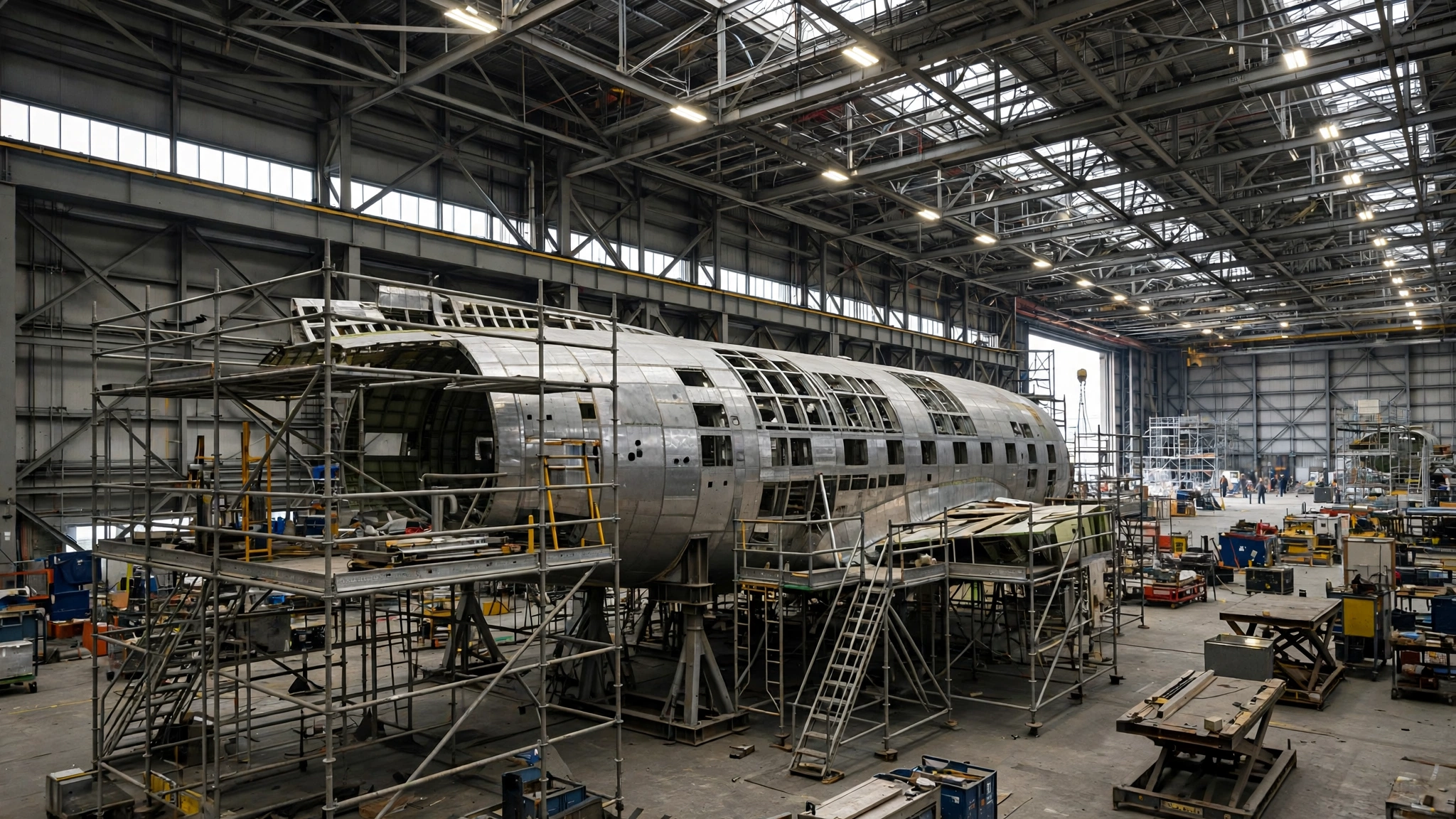 An unfinished airplane fuselage surrounded by scaffolding inside an aircraft assembly hangar.