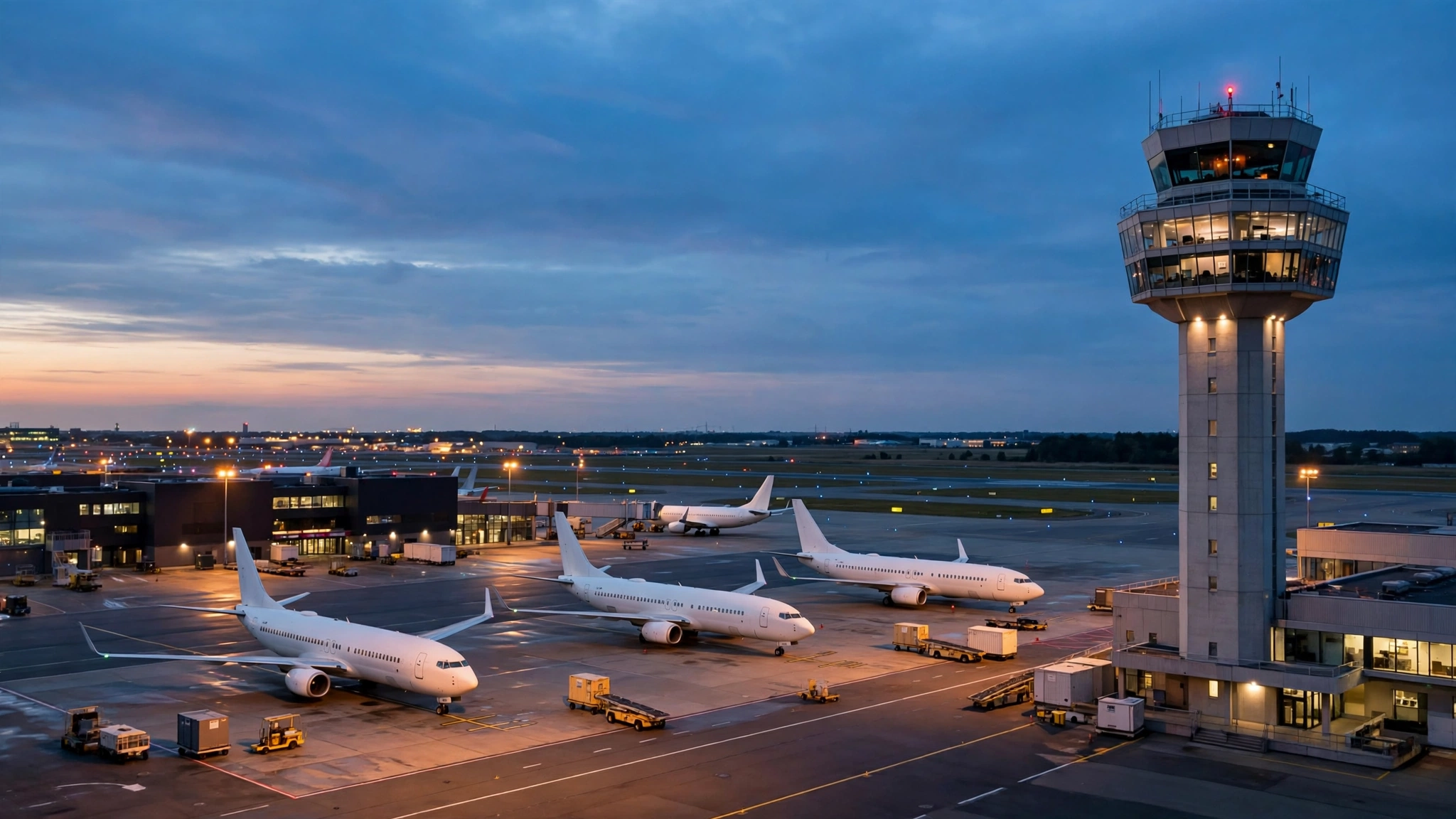 An airport control tower and parked airplanes on the apron at dusk.