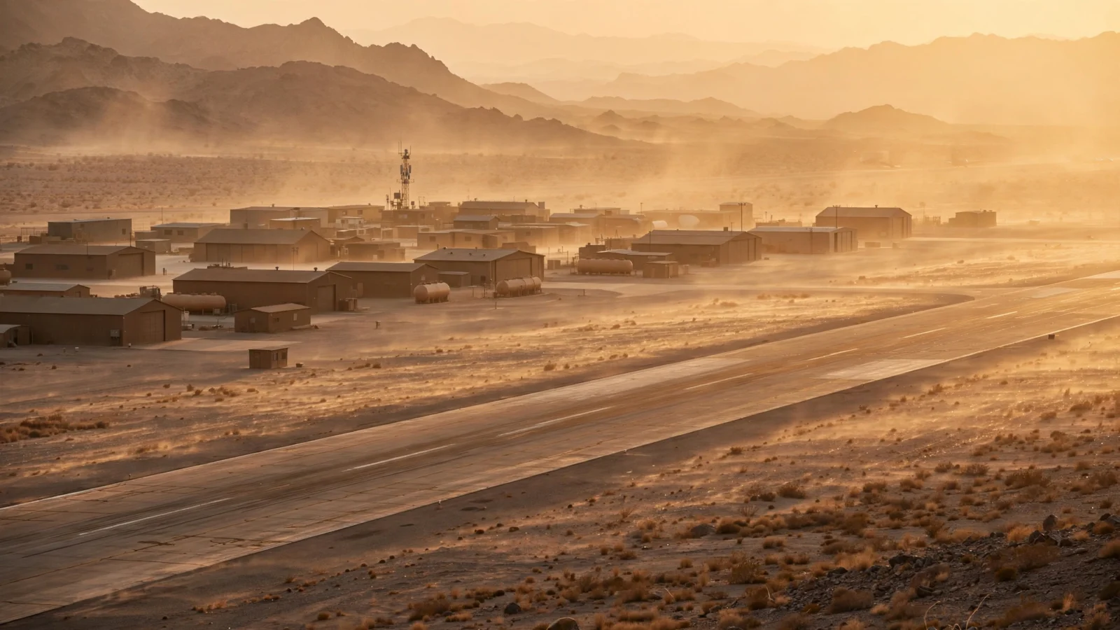 A desert airfield at golden hour with a long runway, low hangars and dusty arid terrain stretching toward hazy mountains.