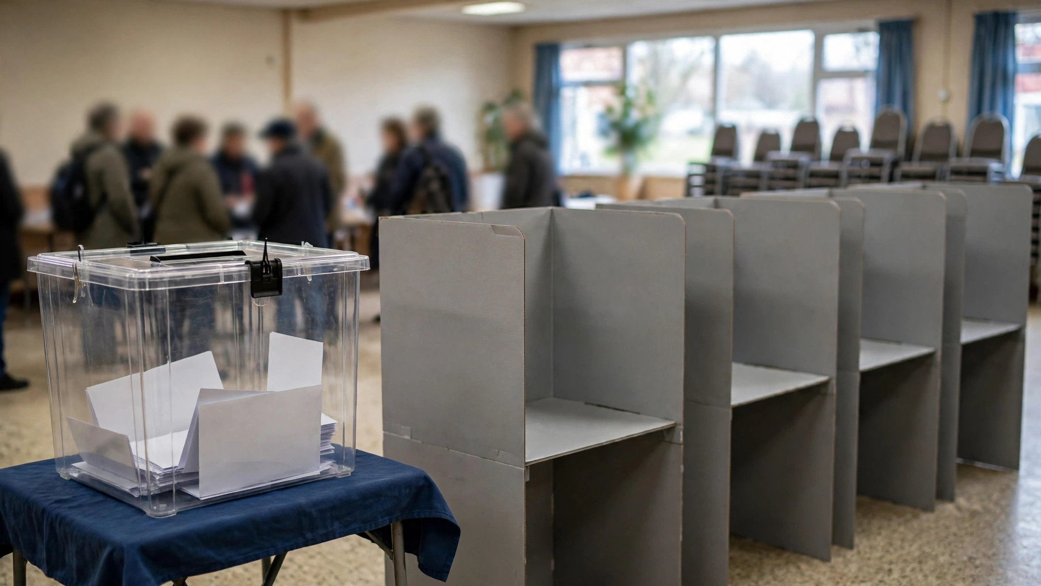A clear ballot box with paper ballots on a table beside gray voting booths in a community hall, with blurred voters in the background