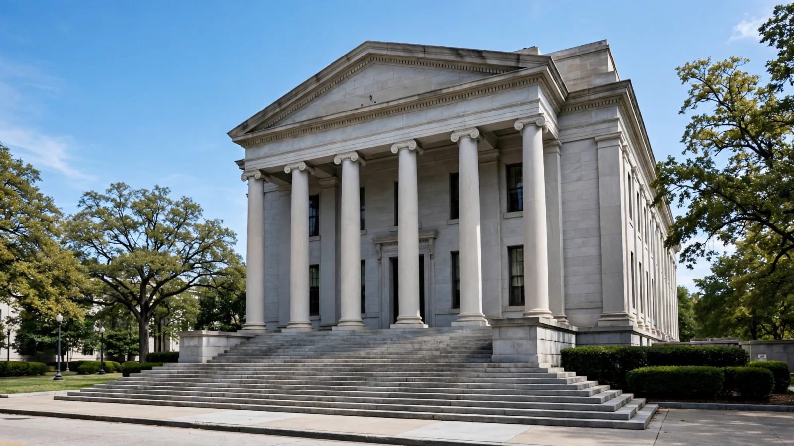 The stone front and tall columns of a generic American federal courthouse with wide steps, trees and a clear sky