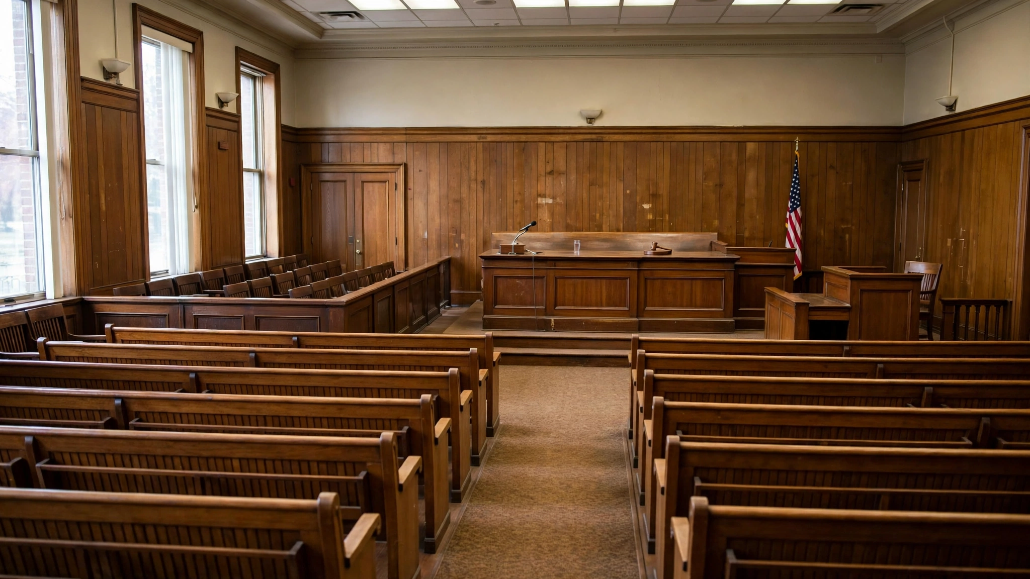 An empty wood-paneled courtroom with rows of benches, a judge bench with a microphone and an American flag in the corner