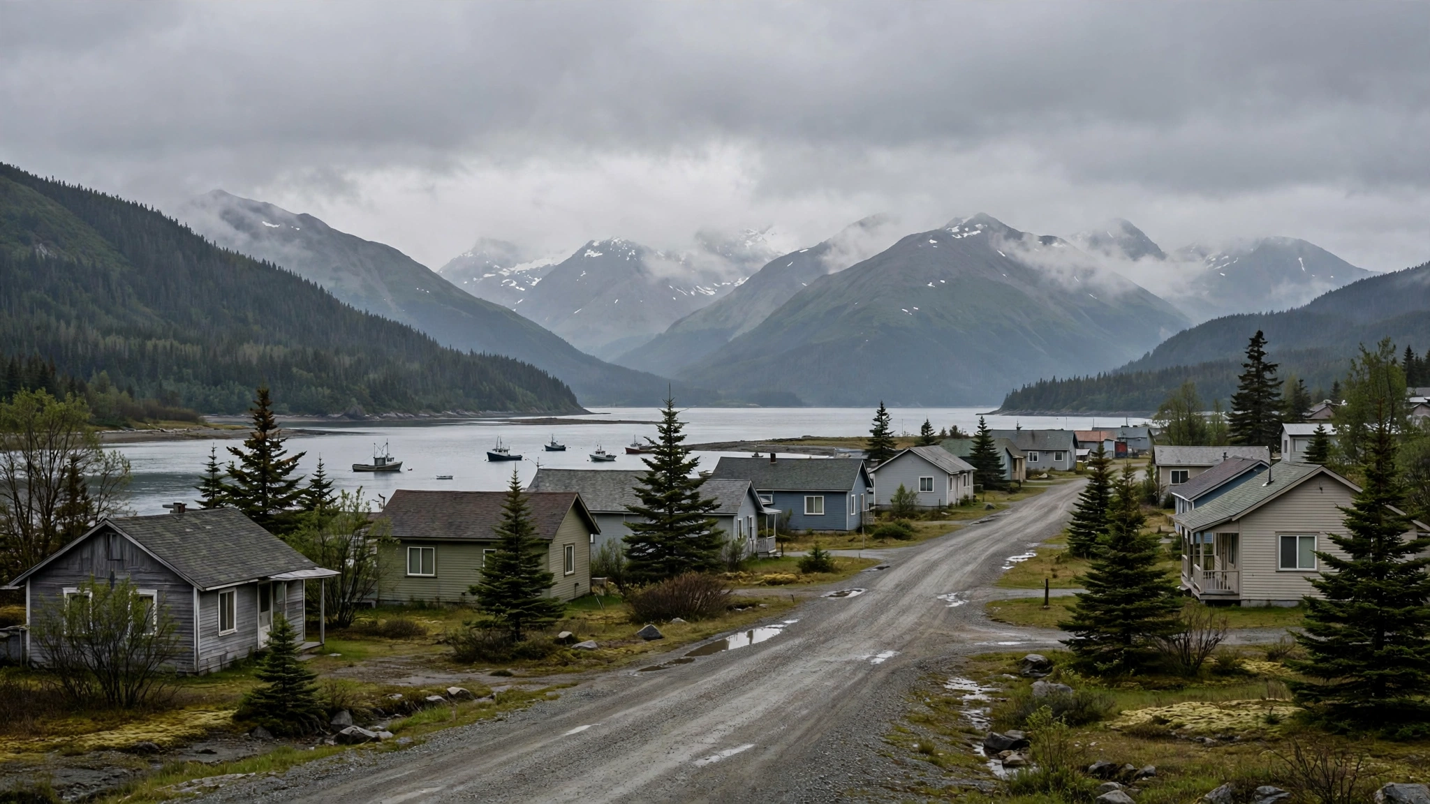 Small houses along a gravel road beside water in a coastal Alaska town, with boats, evergreen trees and cloud-covered mountains