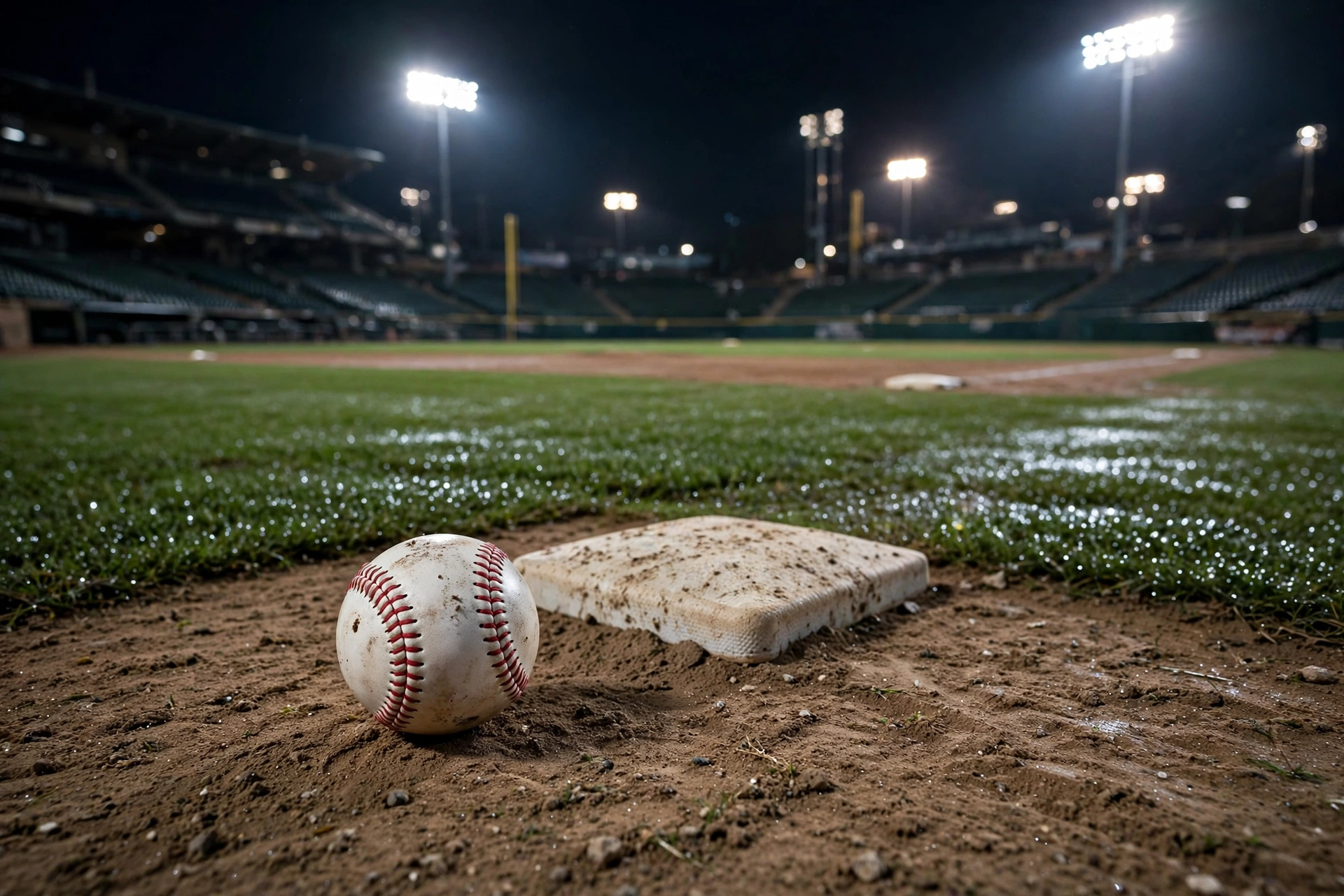 A baseball resting on the dirt next to a base on a lit baseball field at night