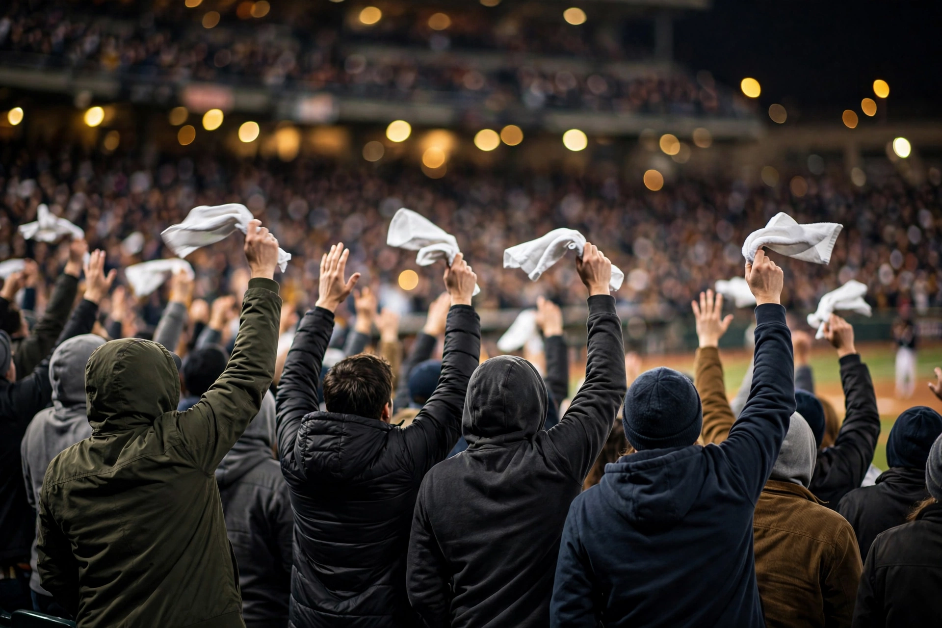 Baseball fans waving white rally towels in a crowded stadium at night