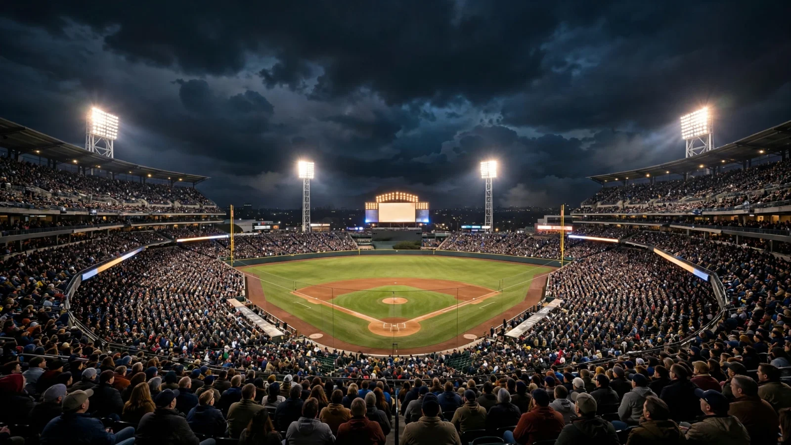 A packed baseball stadium at night under bright floodlights with a full crowd