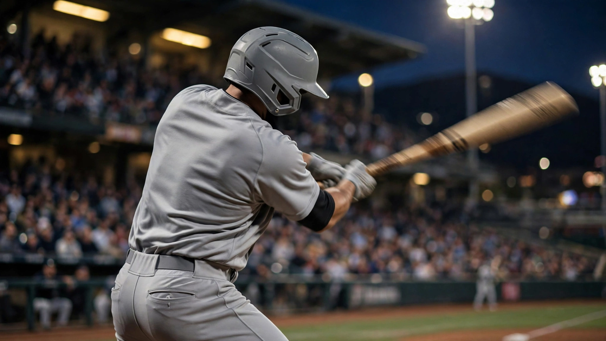 A baseball batter in a gray road uniform swinging a bat under night stadium lights