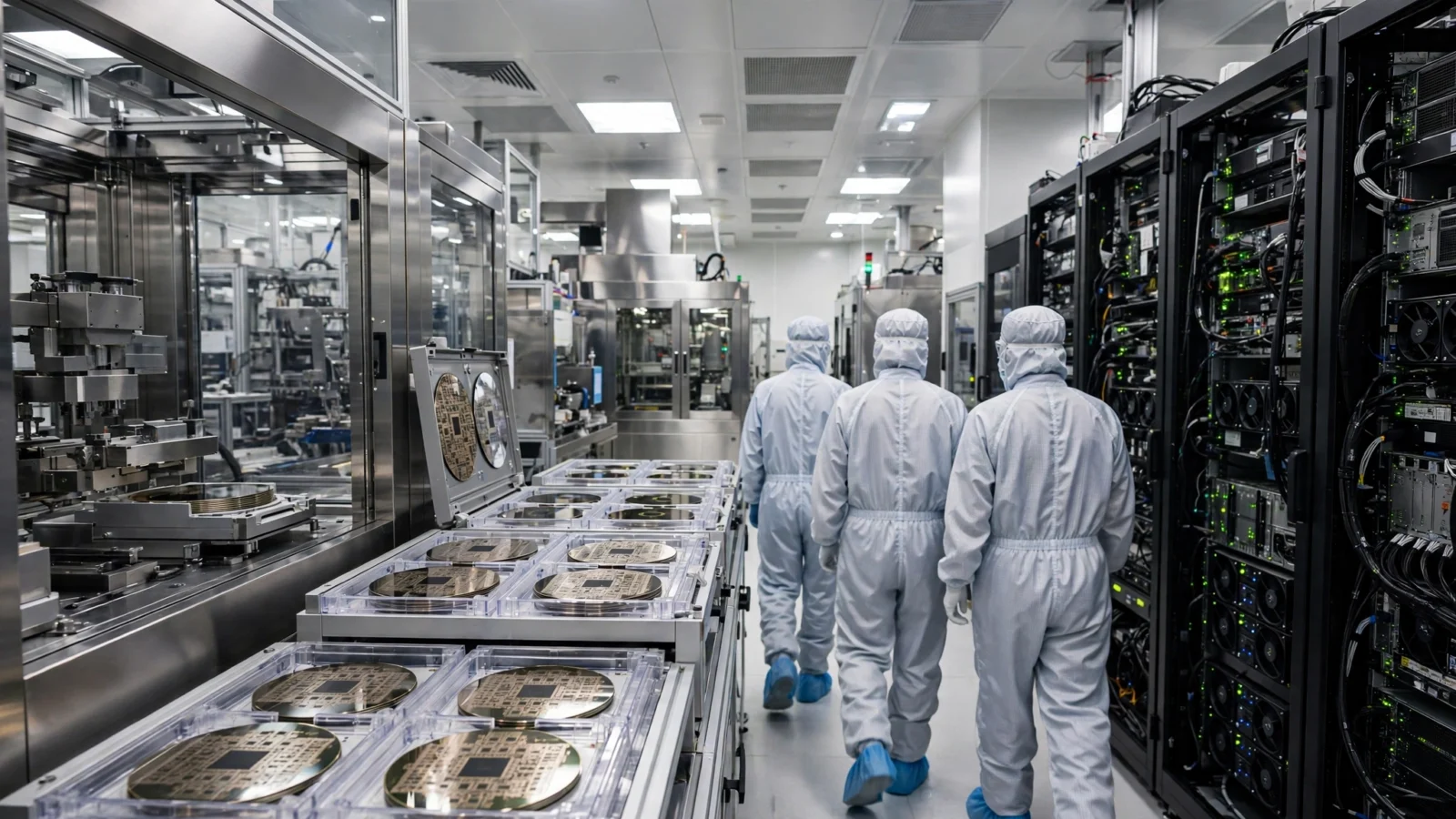 Workers in cleanroom suits walk past silicon wafers and server racks inside a semiconductor facility