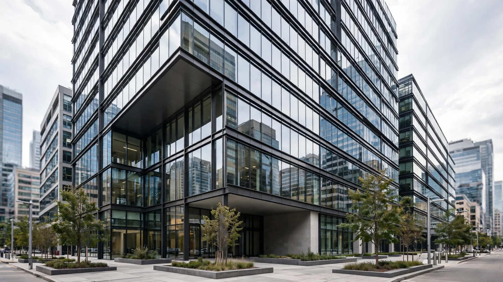 Modern glass office building in a city business district
