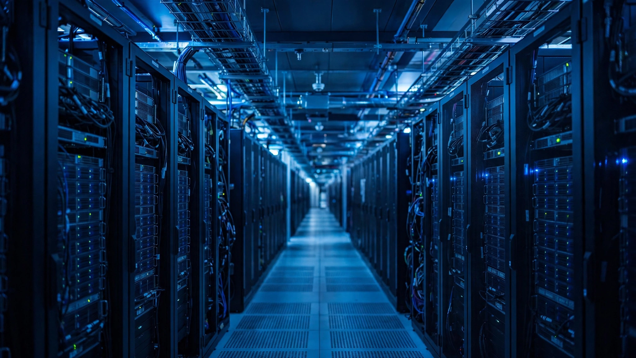 Rows of server racks in a blue-lit data center
